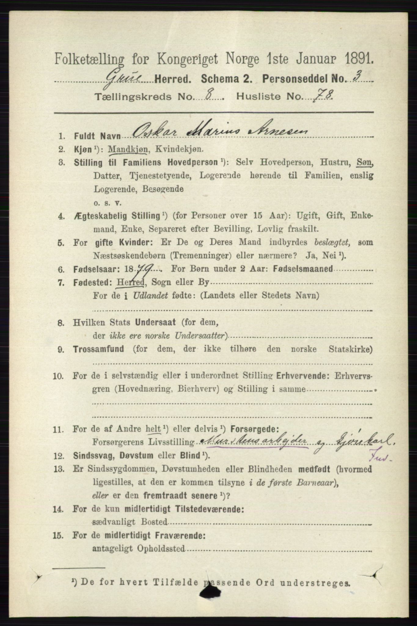 RA, 1891 census for 0423 Grue, 1891, p. 4799