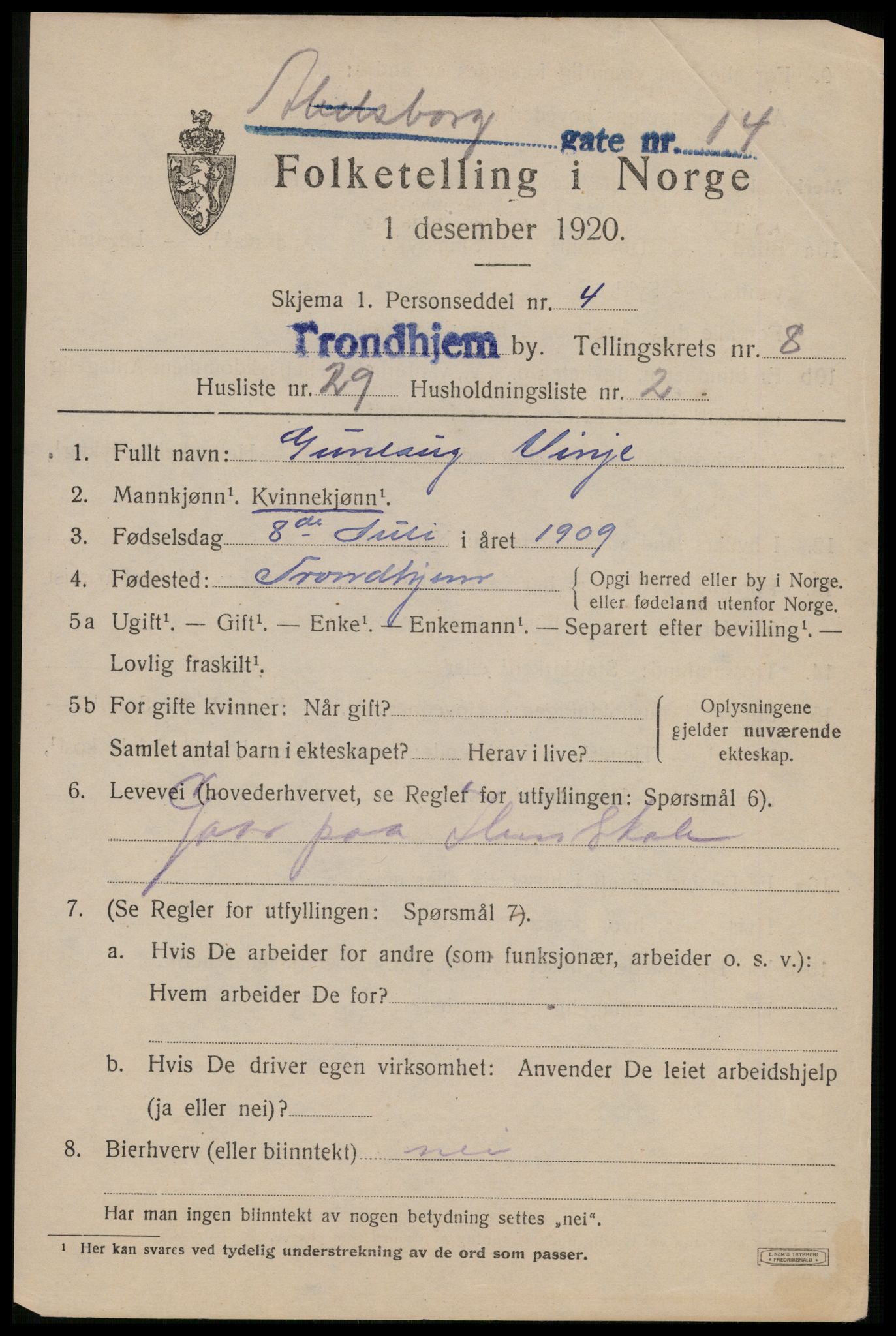 SAT, 1920 census for Trondheim, 1920, p. 43714