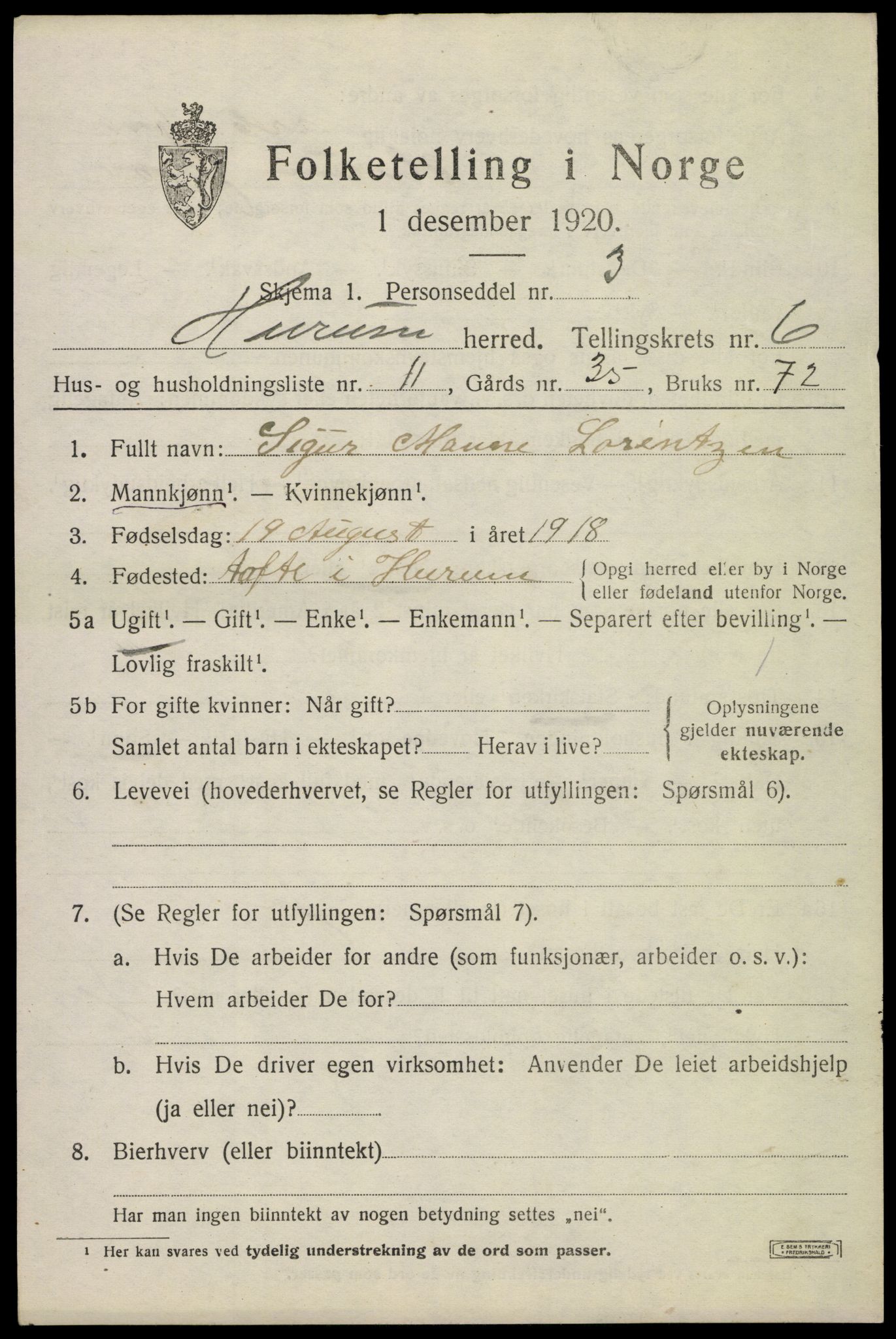 SAKO, 1920 census for Hurum, 1920, p. 7364