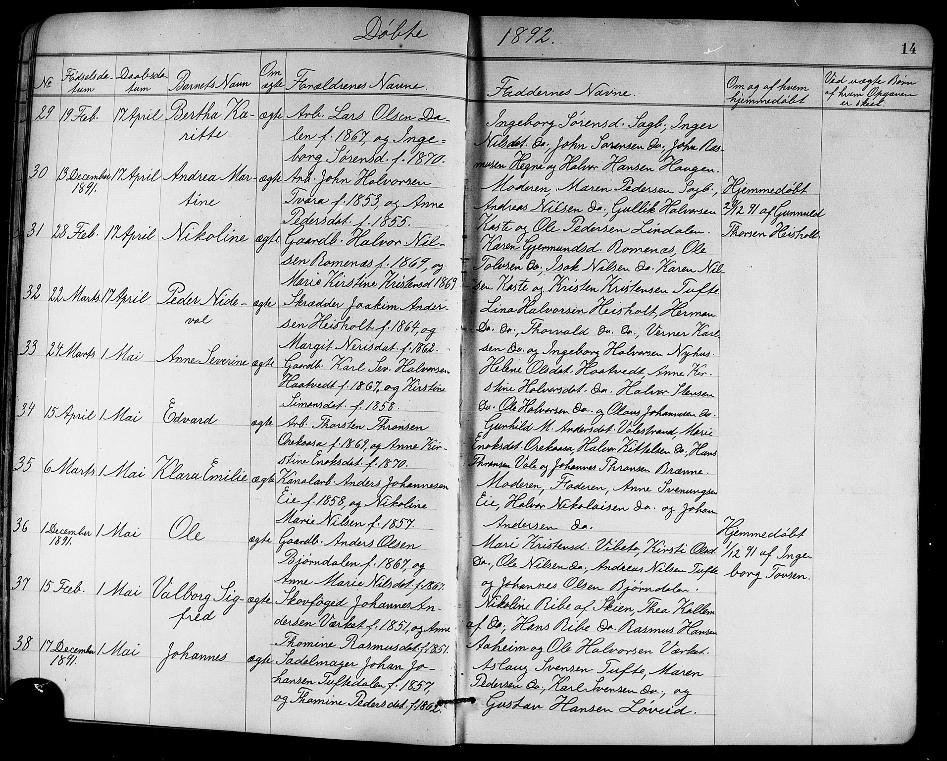 Holla kirkebøker, SAKO/A-272/G/Ga/L0005: Parish register (copy) no. I 5, 1891-1917, p. 14