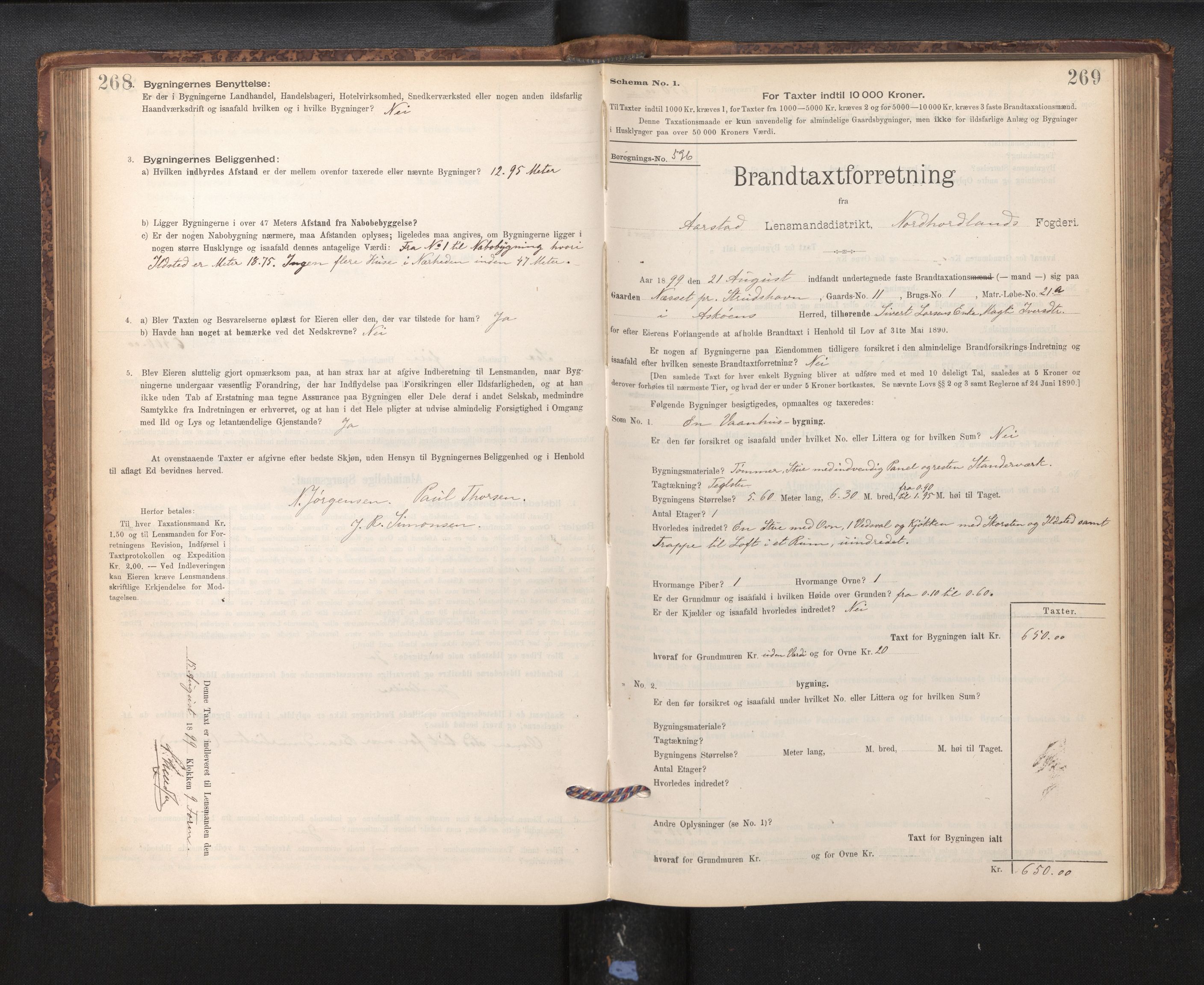 Lensmannen i Årstad, AV/SAB-A-36201/0012/L0011: Branntakstprotokoll,skjematakst, 1895-1901, p. 268-269