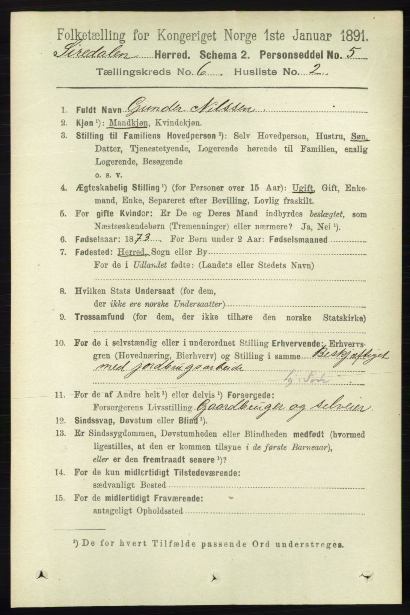 RA, 1891 census for 1046 Sirdal, 1891, p. 1643