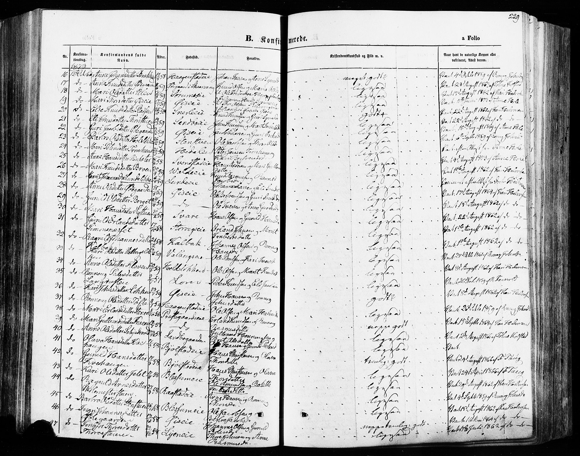 Vågå prestekontor, AV/SAH-PREST-076/H/Ha/Haa/L0007: Parish register (official) no. 7 /1, 1872-1886, p. 229