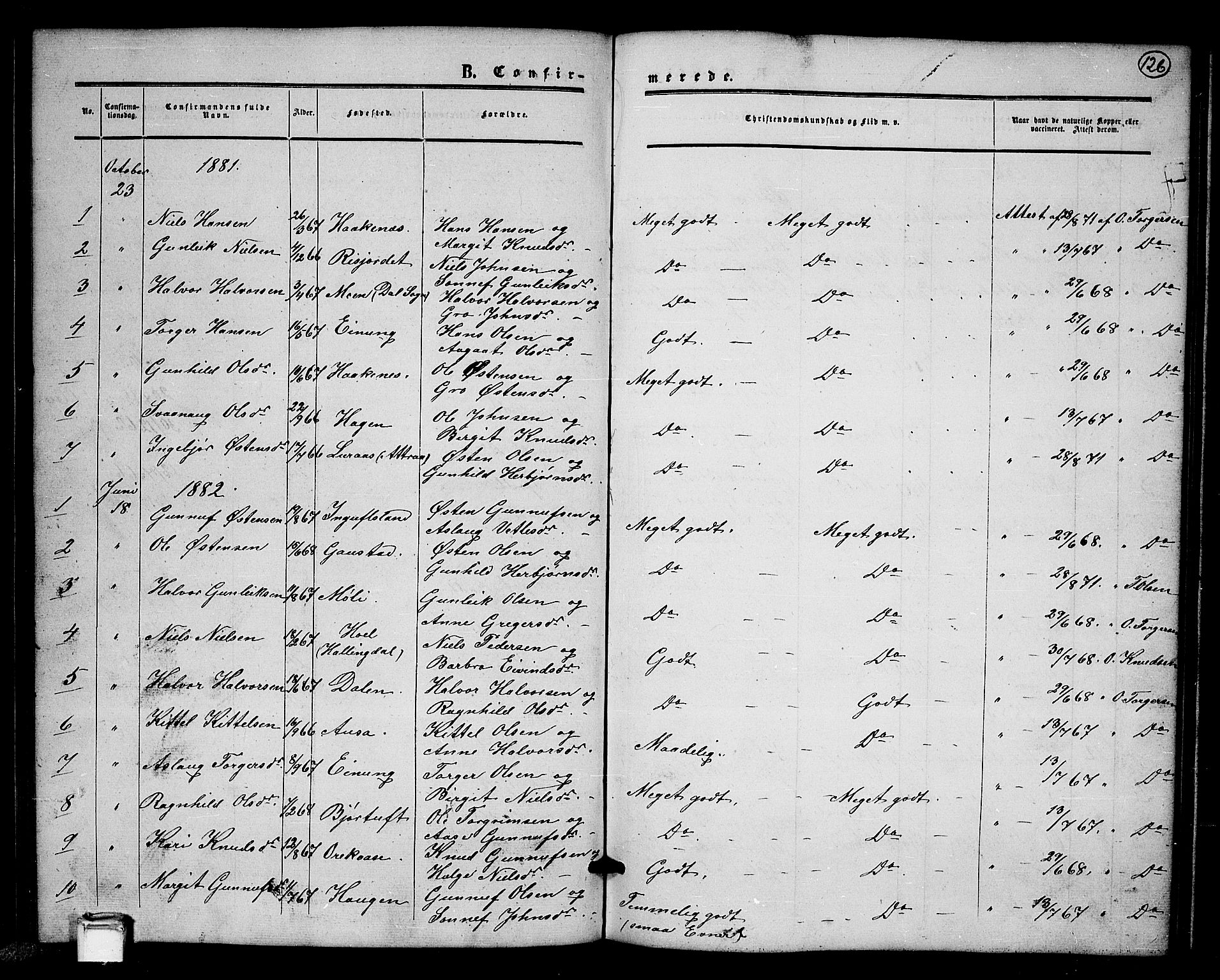 Tinn kirkebøker, SAKO/A-308/G/Gb/L0002: Parish register (copy) no. II 2, 1851-1886, p. 126