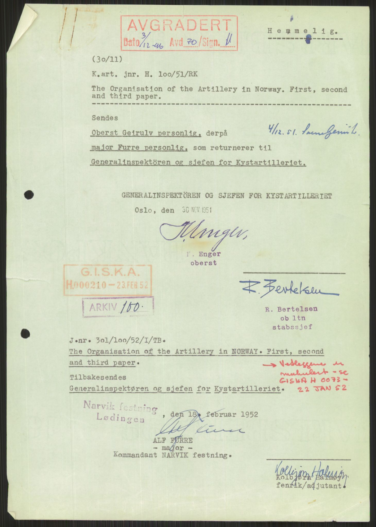 Forsvaret, Generalinspektør og sjefen for Kystartilleriet, AV/RA-RAFA-2045/D/Da/L0028: ORGANISASJON, 1952, p. 1