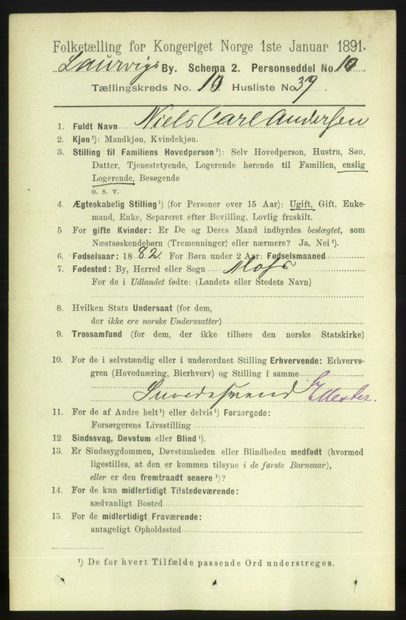 RA, 1891 census for 0707 Larvik, 1891, p. 9424