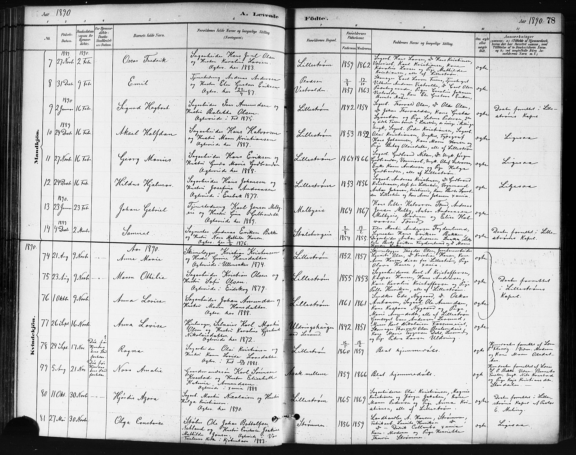 Skedsmo prestekontor Kirkebøker, SAO/A-10033a/G/Ga/L0004: Parish register (copy) no. I 4, 1883-1895, p. 78