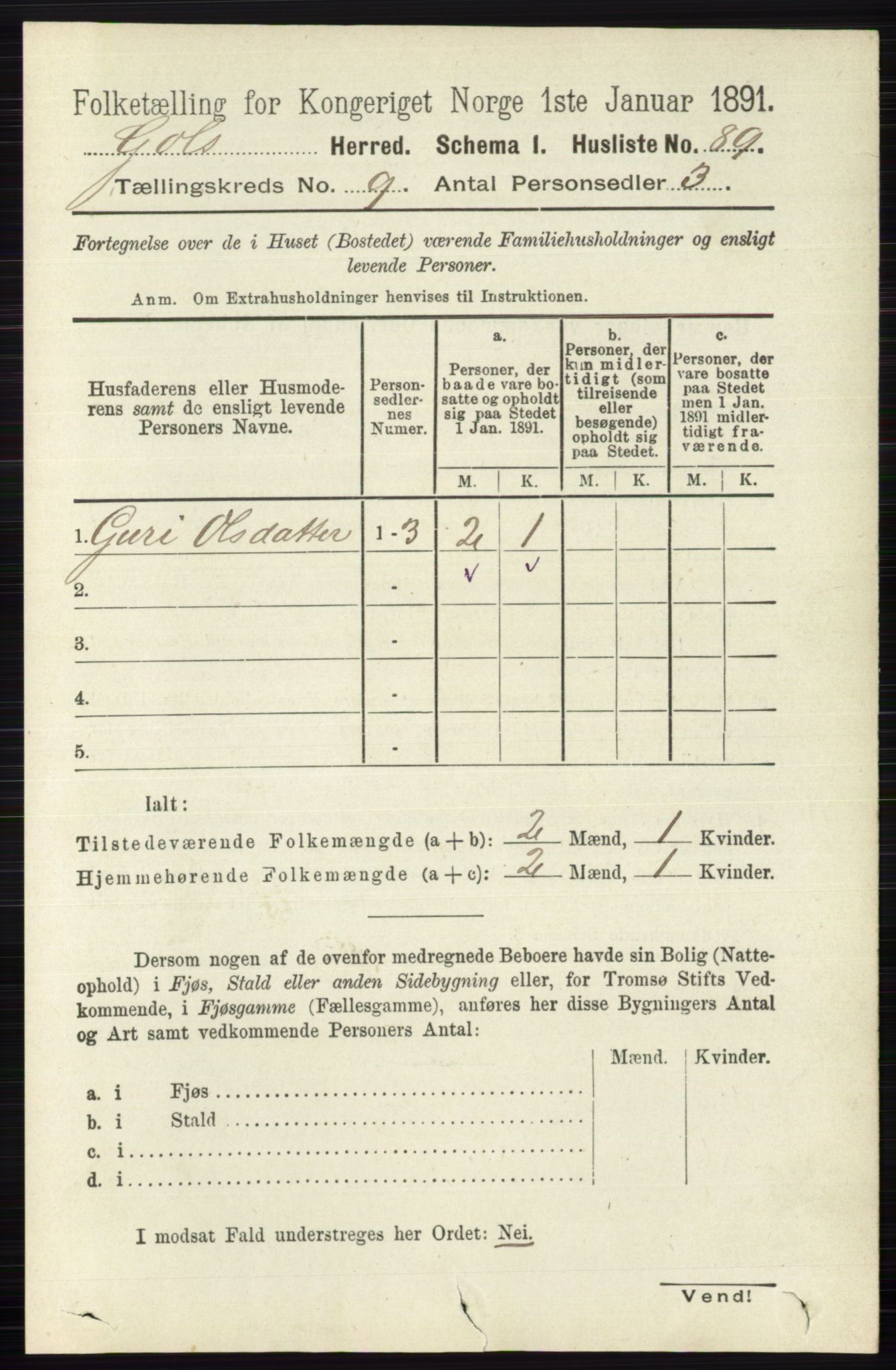 RA, 1891 census for 0617 Gol og Hemsedal, 1891, p. 3388