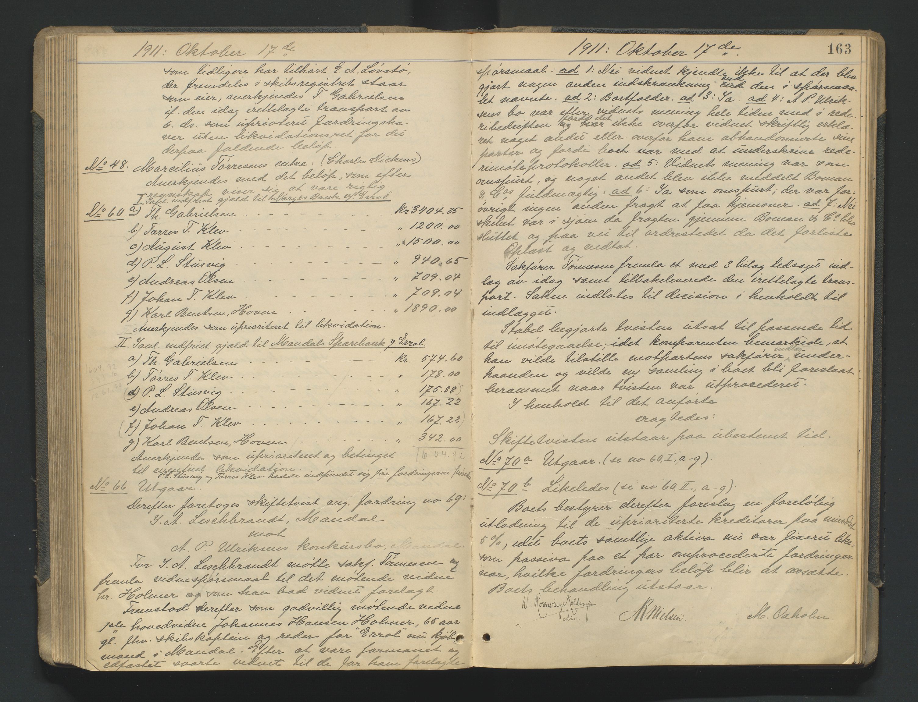 Mandal sorenskriveri, AV/SAK-1221-0005/001/H/Hc/L0081: Skifteforhandlingsprotokoll nr 13, 1909-1913, p. 163