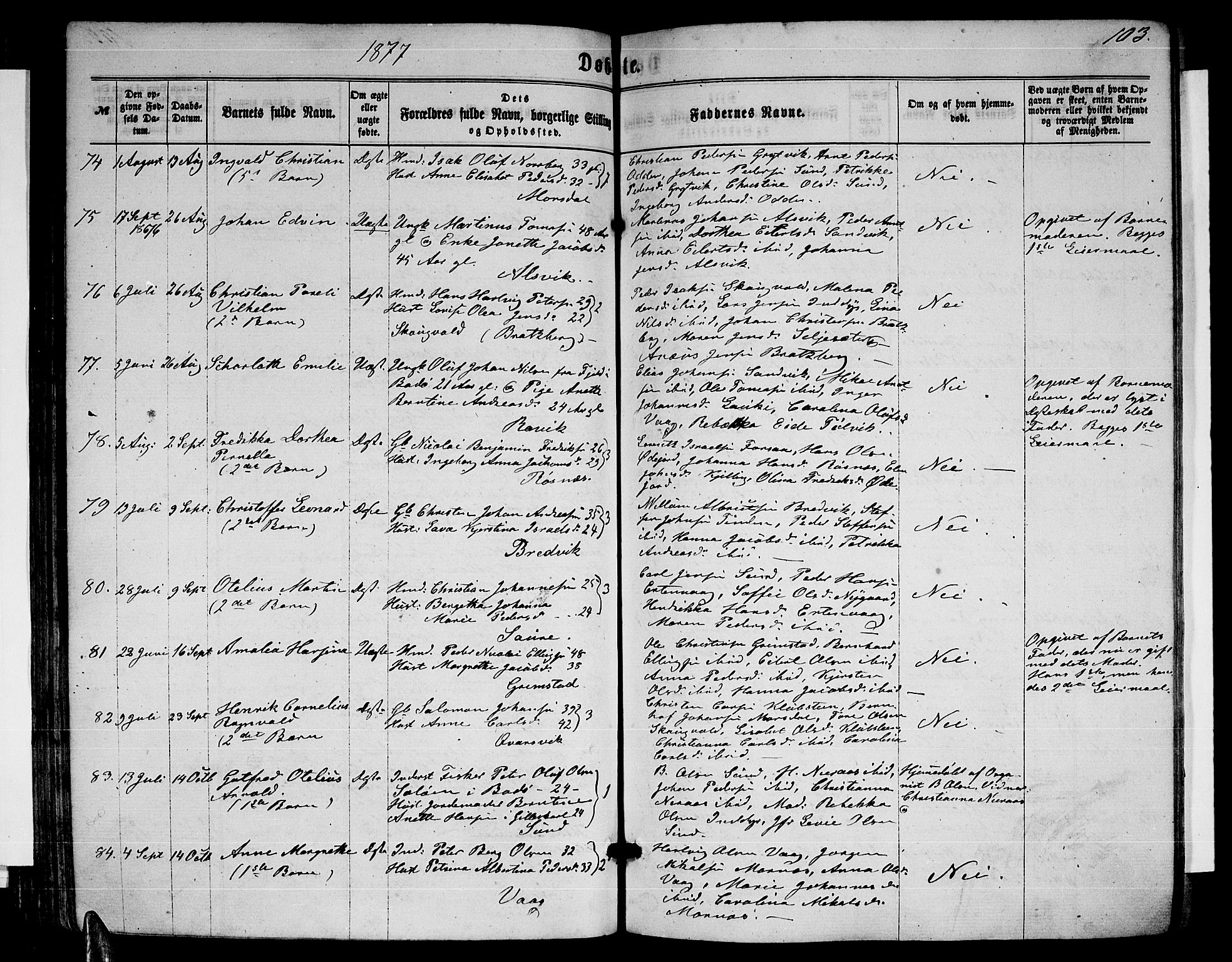 Ministerialprotokoller, klokkerbøker og fødselsregistre - Nordland, AV/SAT-A-1459/805/L0107: Parish register (copy) no. 805C03, 1862-1885, p. 103