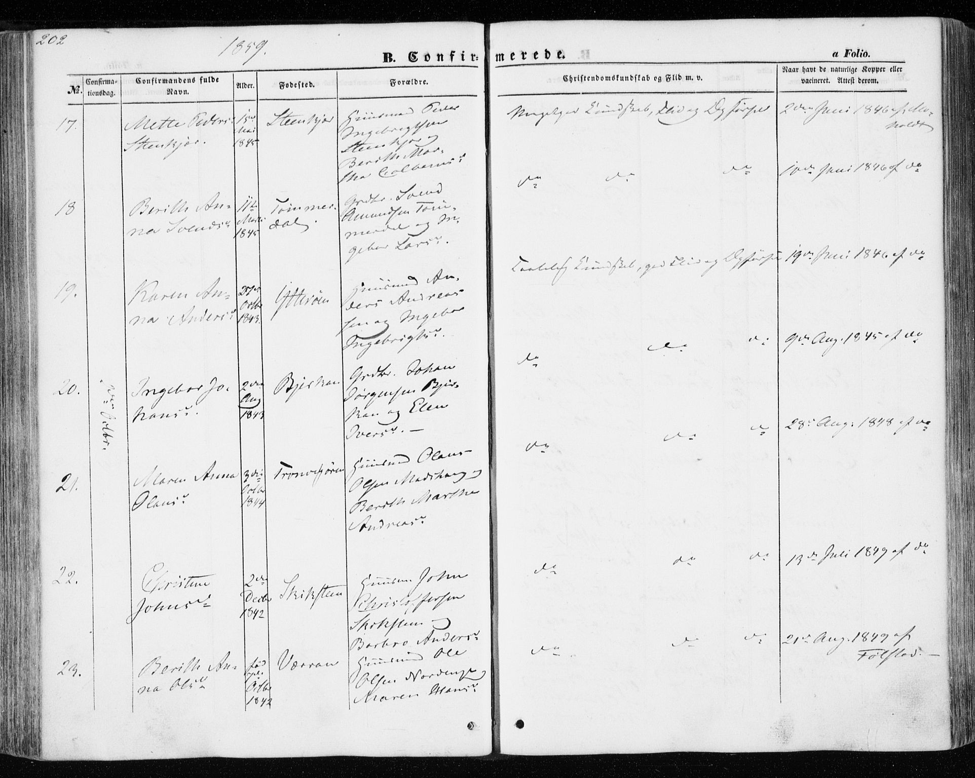 Ministerialprotokoller, klokkerbøker og fødselsregistre - Nord-Trøndelag, AV/SAT-A-1458/701/L0008: Parish register (official) no. 701A08 /1, 1854-1863, p. 202