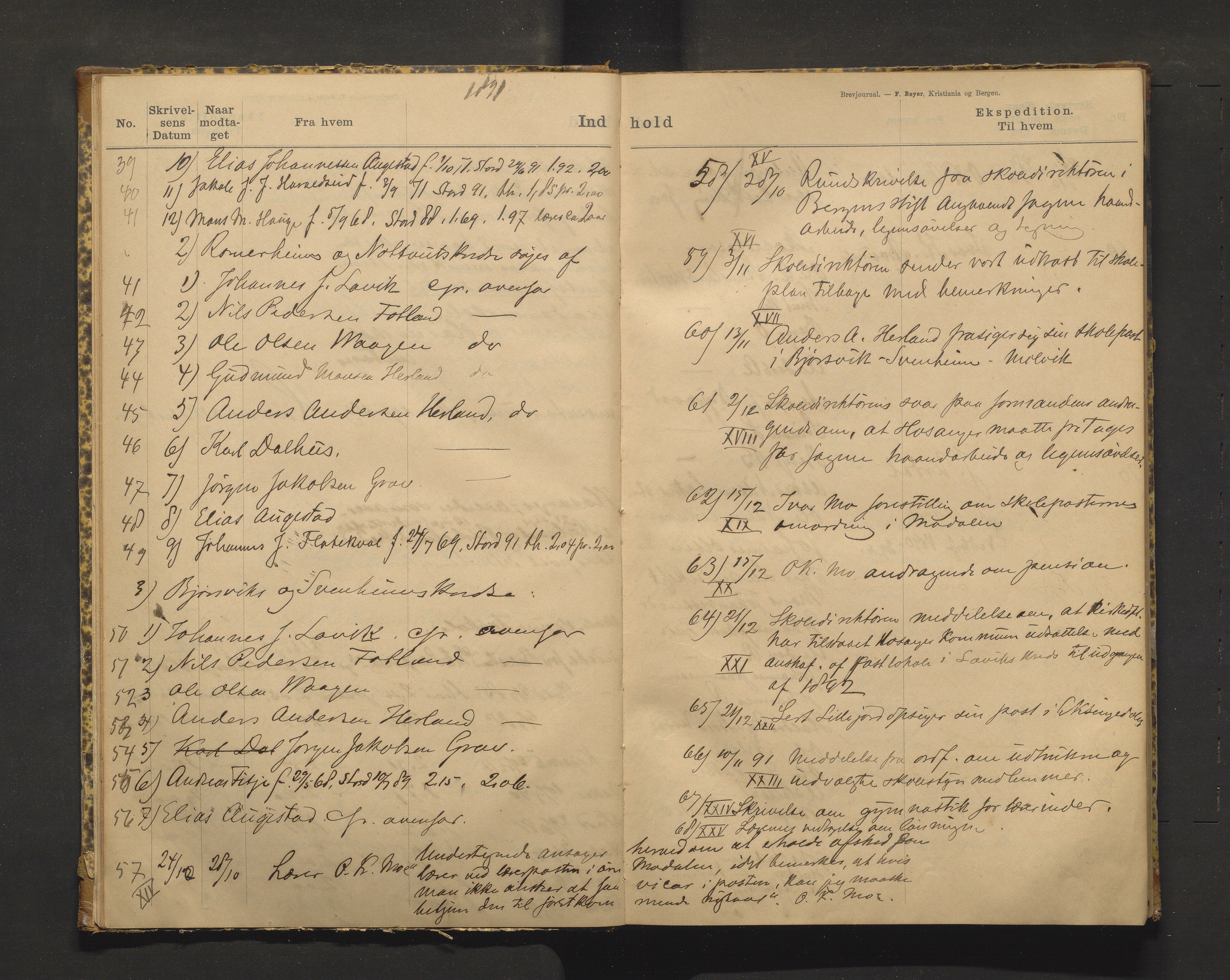 Hosanger kommune. Skulestyret, IKAH/1253a-211/C/Ca/L0001: Postjournal for Hosanger skulestyre, 1890-1919