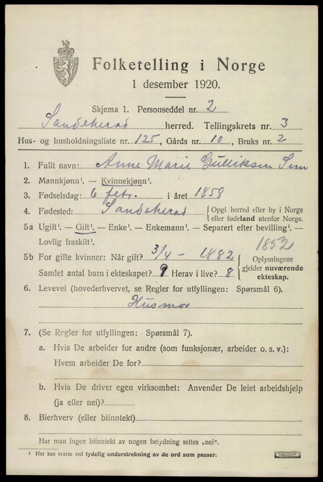 SAKO, 1920 census for Sandeherred, 1920, p. 6650