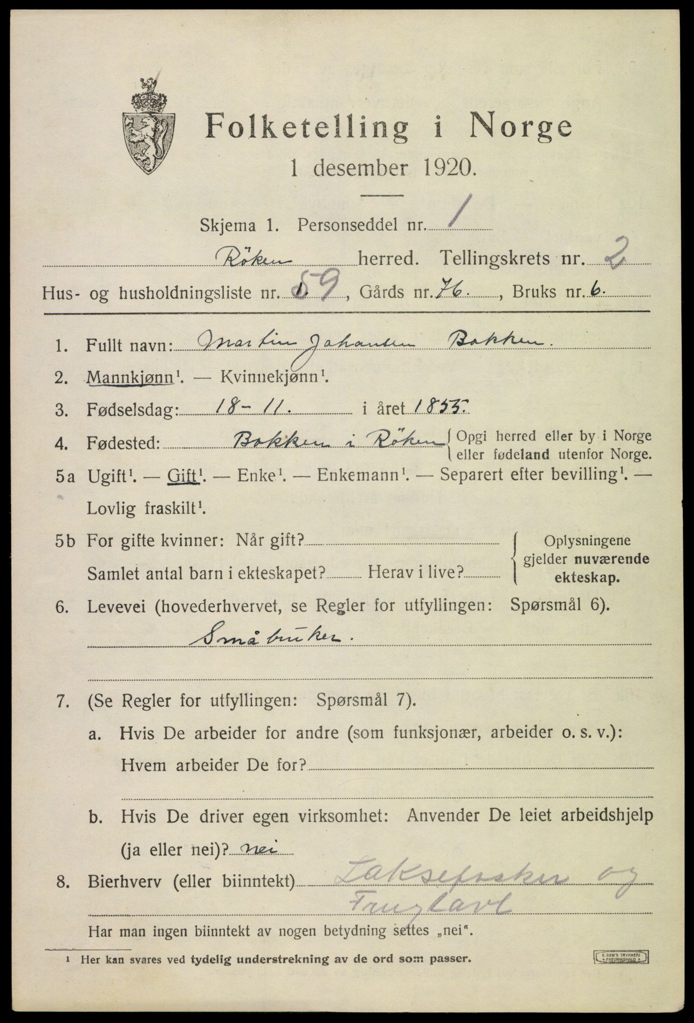 SAKO, 1920 census for Røyken, 1920, p. 3636