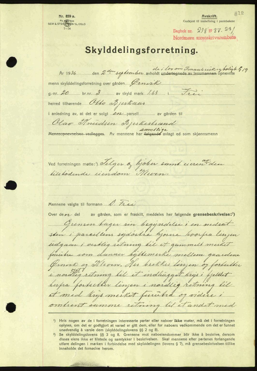 Nordmøre sorenskriveri, AV/SAT-A-4132/1/2/2Ca: Mortgage book no. A80, 1936-1937, Diary no: : 218/1937