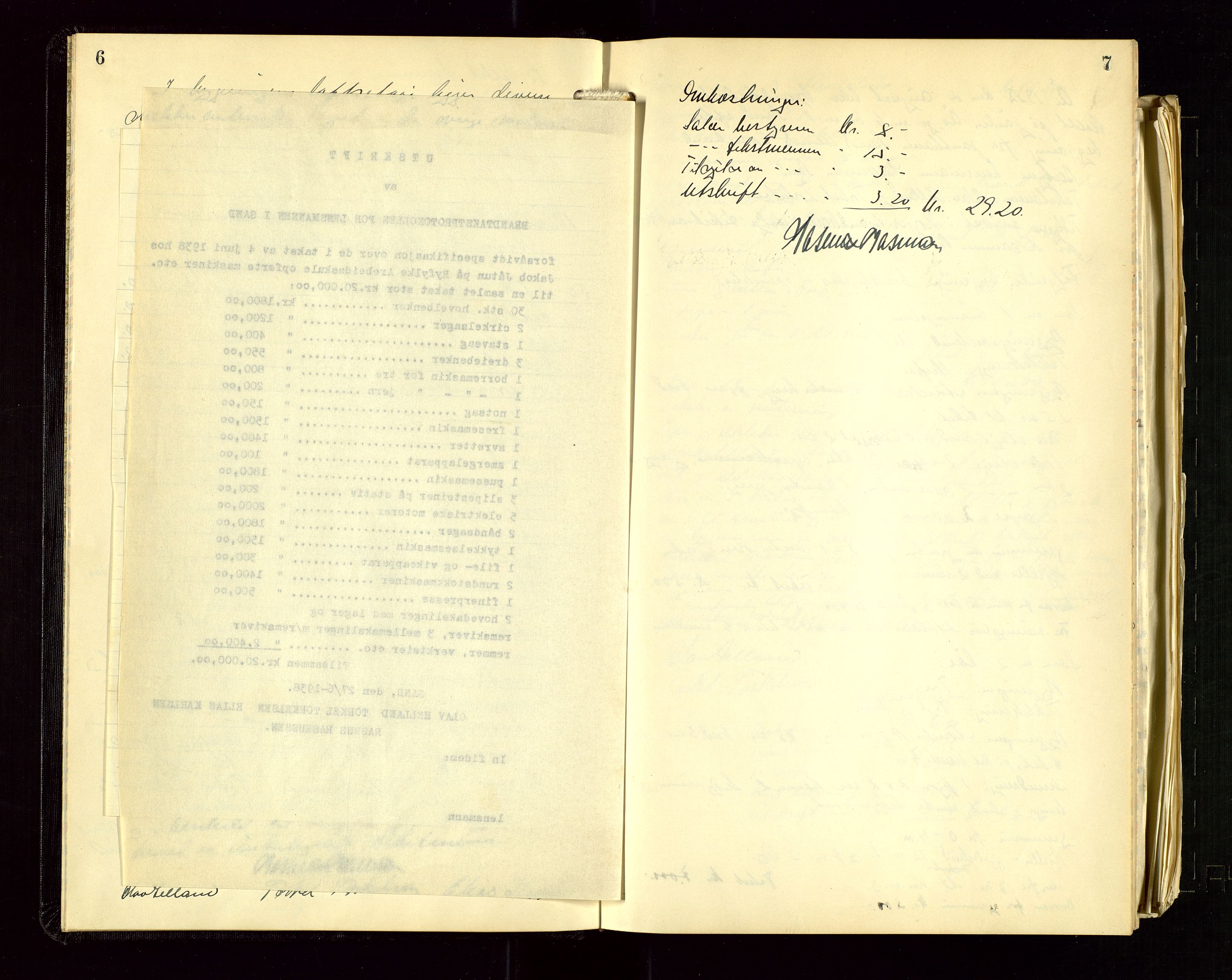 Sand lensmannskontor, AV/SAST-A-100415/Gob/L0004: Branntakstprotokoll, 1937-1955, p. 6-7