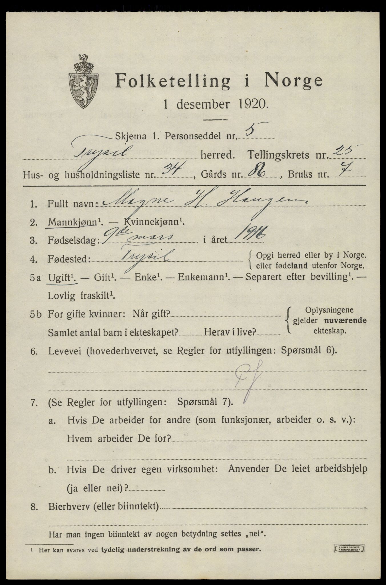 SAH, 1920 census for Trysil, 1920, p. 16101