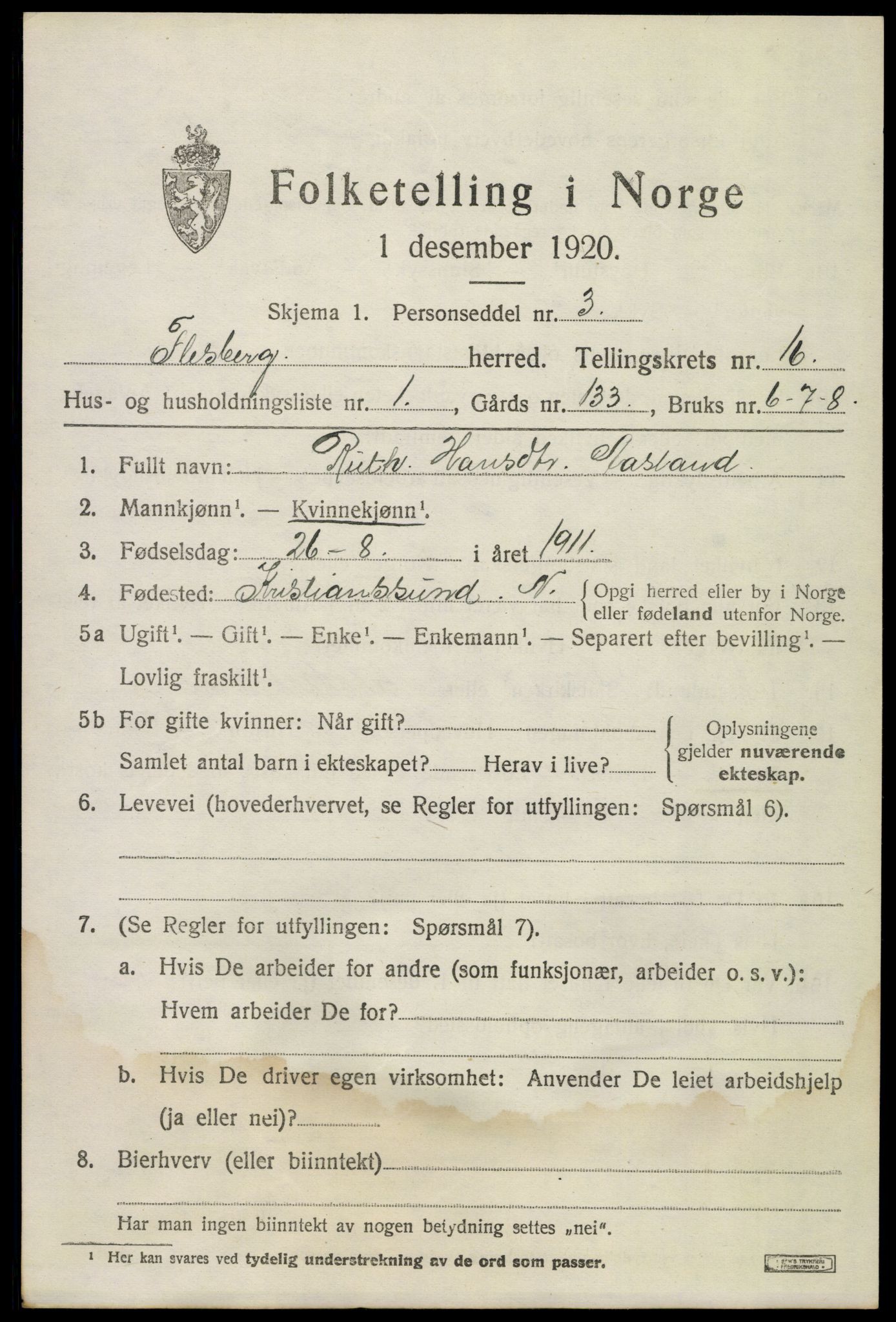 SAKO, 1920 census for Flesberg, 1920, p. 5007