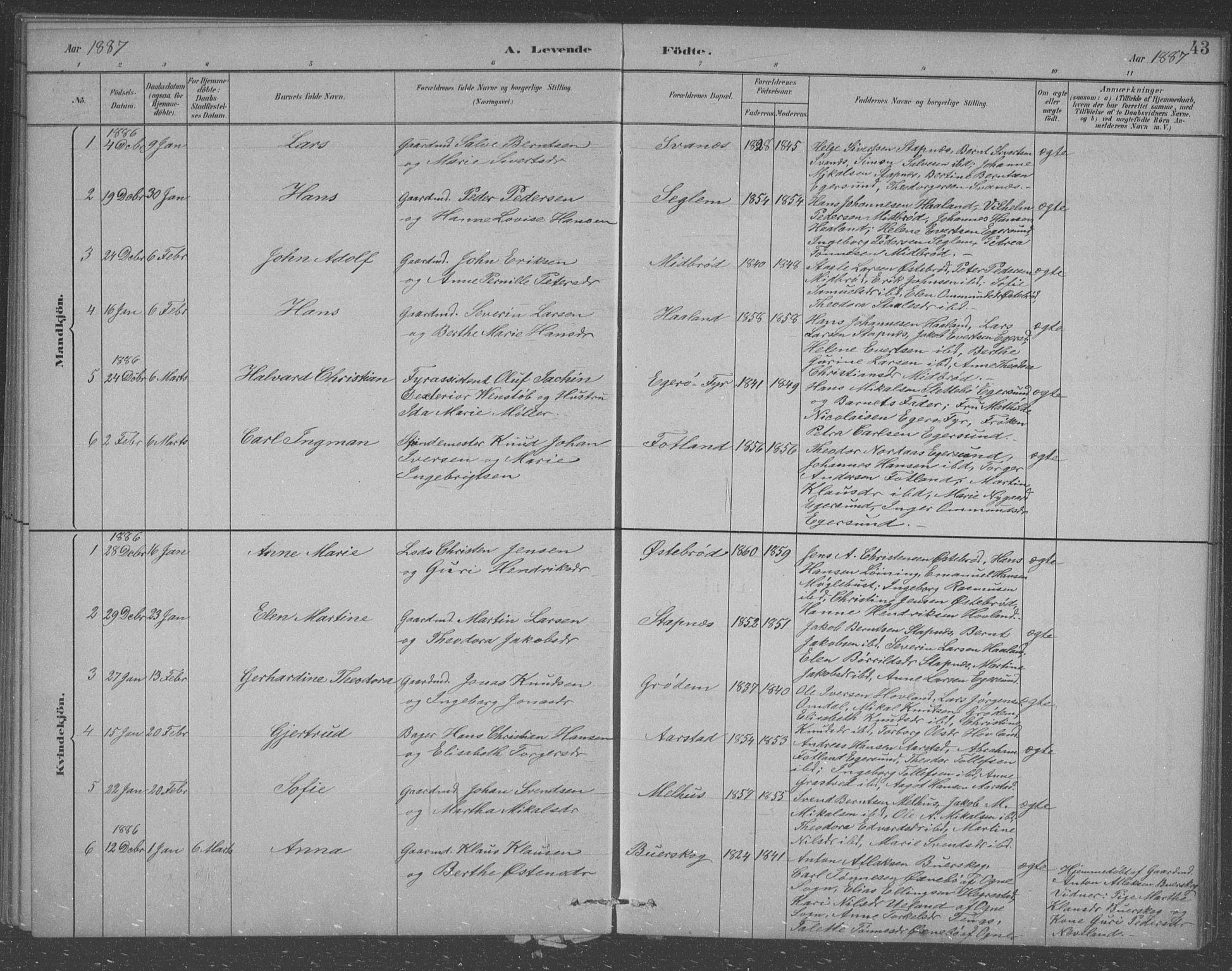 Eigersund sokneprestkontor, AV/SAST-A-101807/S09/L0007: Parish register (copy) no. B 7, 1882-1892, p. 43