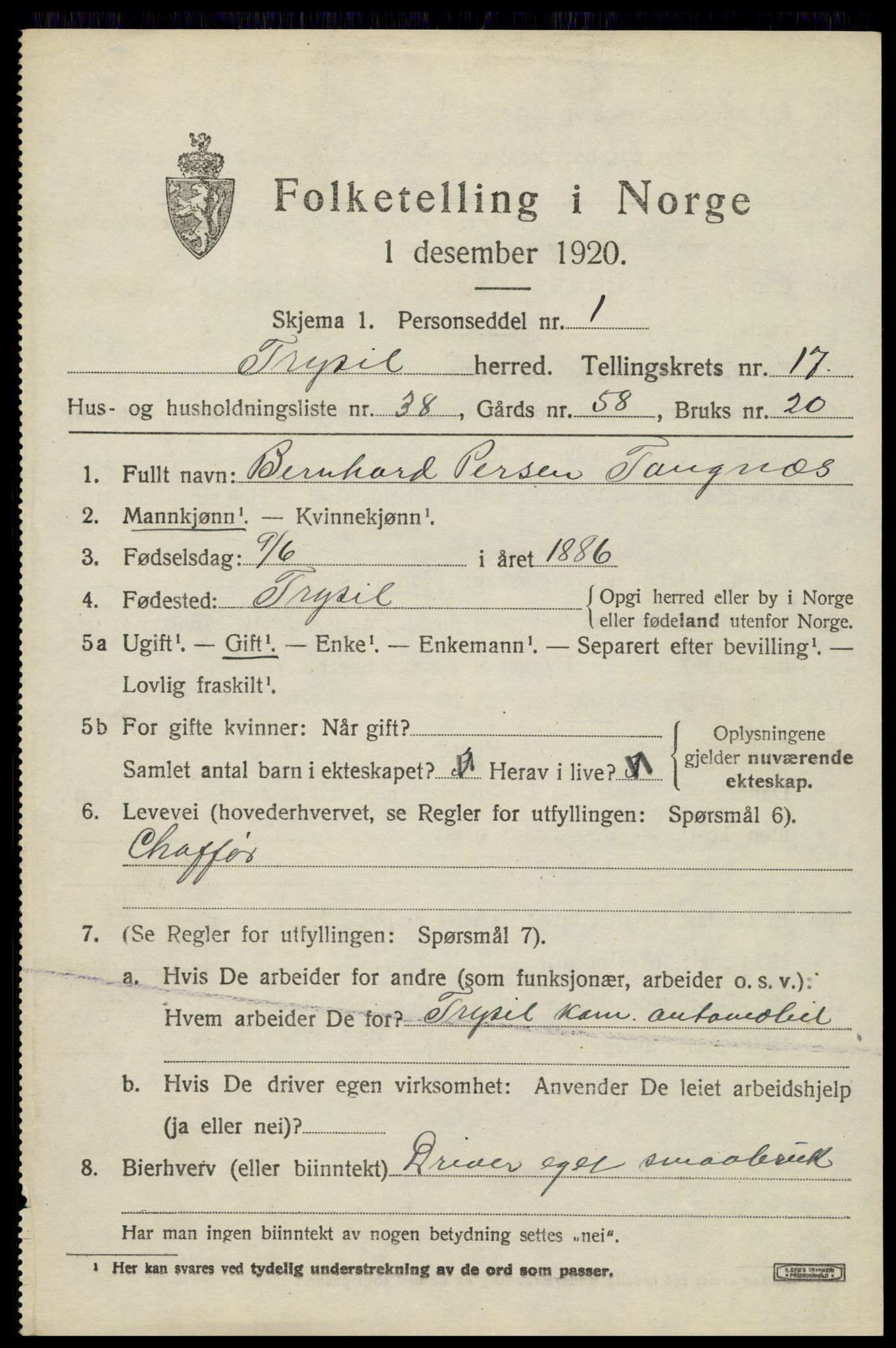 SAH, 1920 census for Trysil, 1920, p. 10635