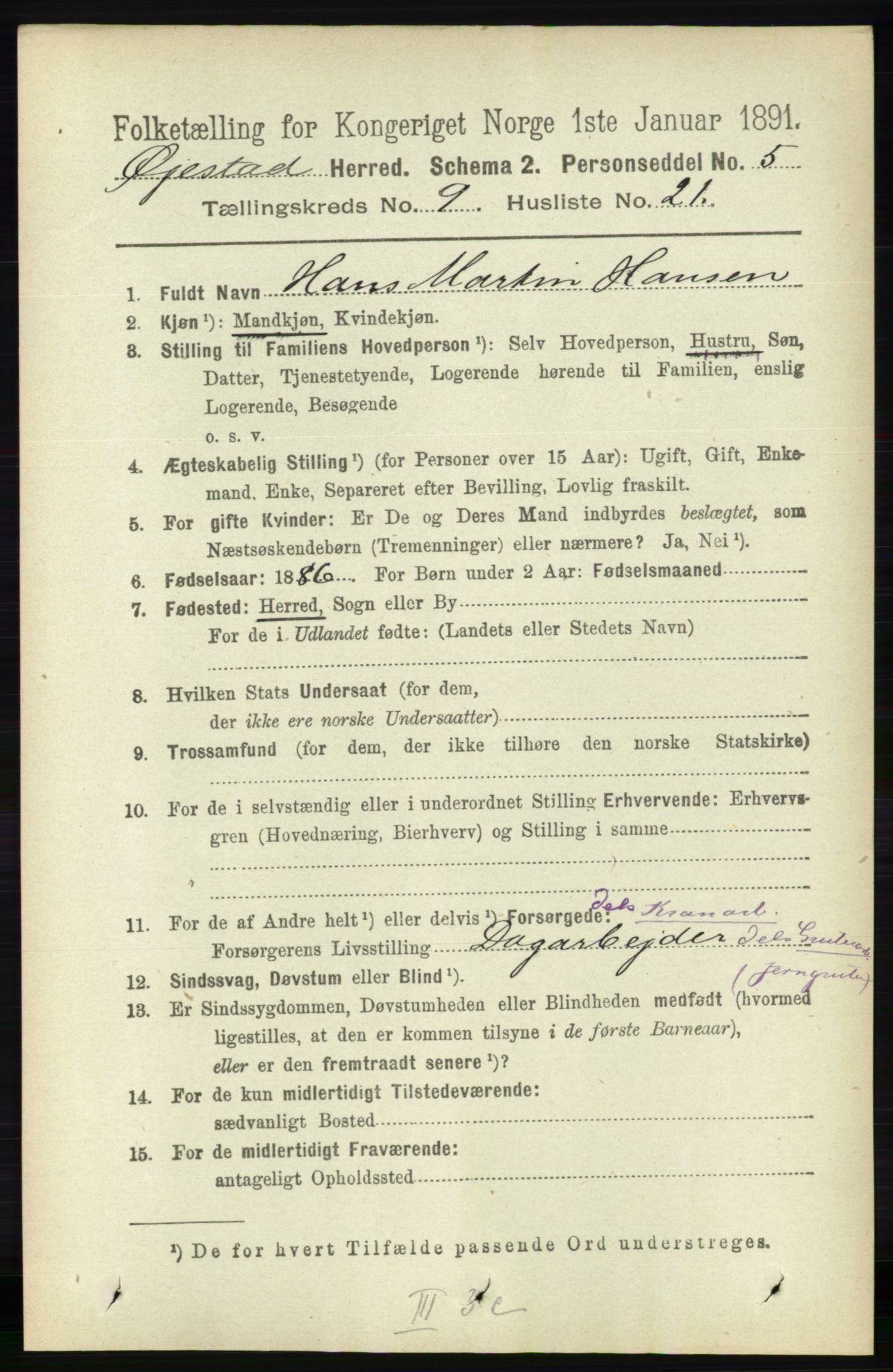 RA, 1891 census for 0920 Øyestad, 1891, p. 3667