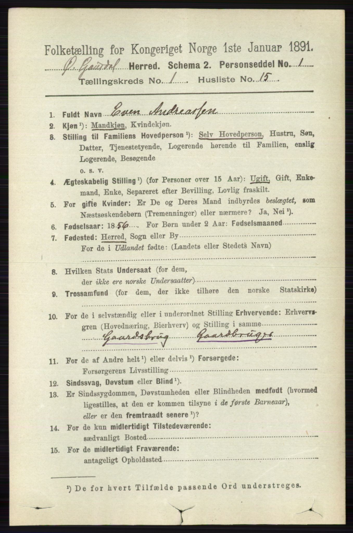 RA, 1891 census for 0522 Østre Gausdal, 1891, p. 281