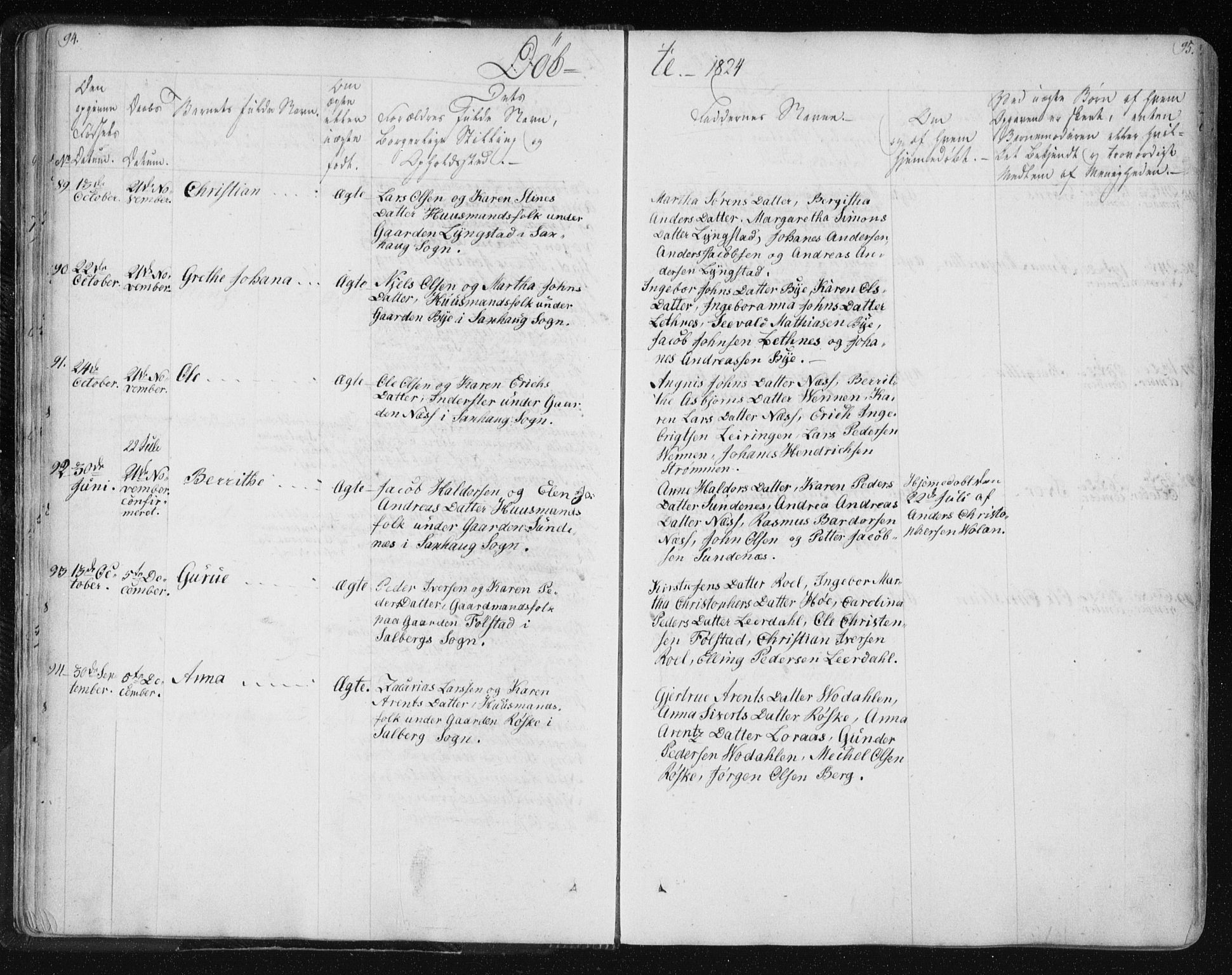 Ministerialprotokoller, klokkerbøker og fødselsregistre - Nord-Trøndelag, AV/SAT-A-1458/730/L0276: Parish register (official) no. 730A05, 1822-1830, p. 94-95