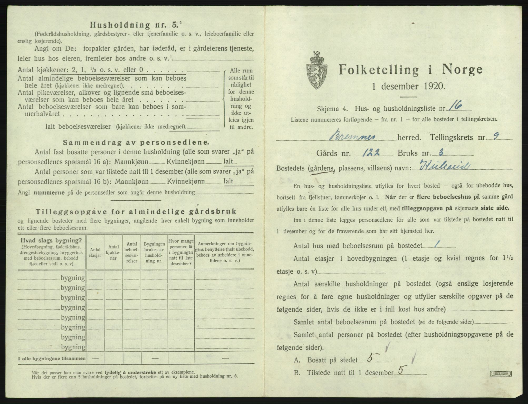 SAB, 1920 census for Bremnes, 1920, p. 809