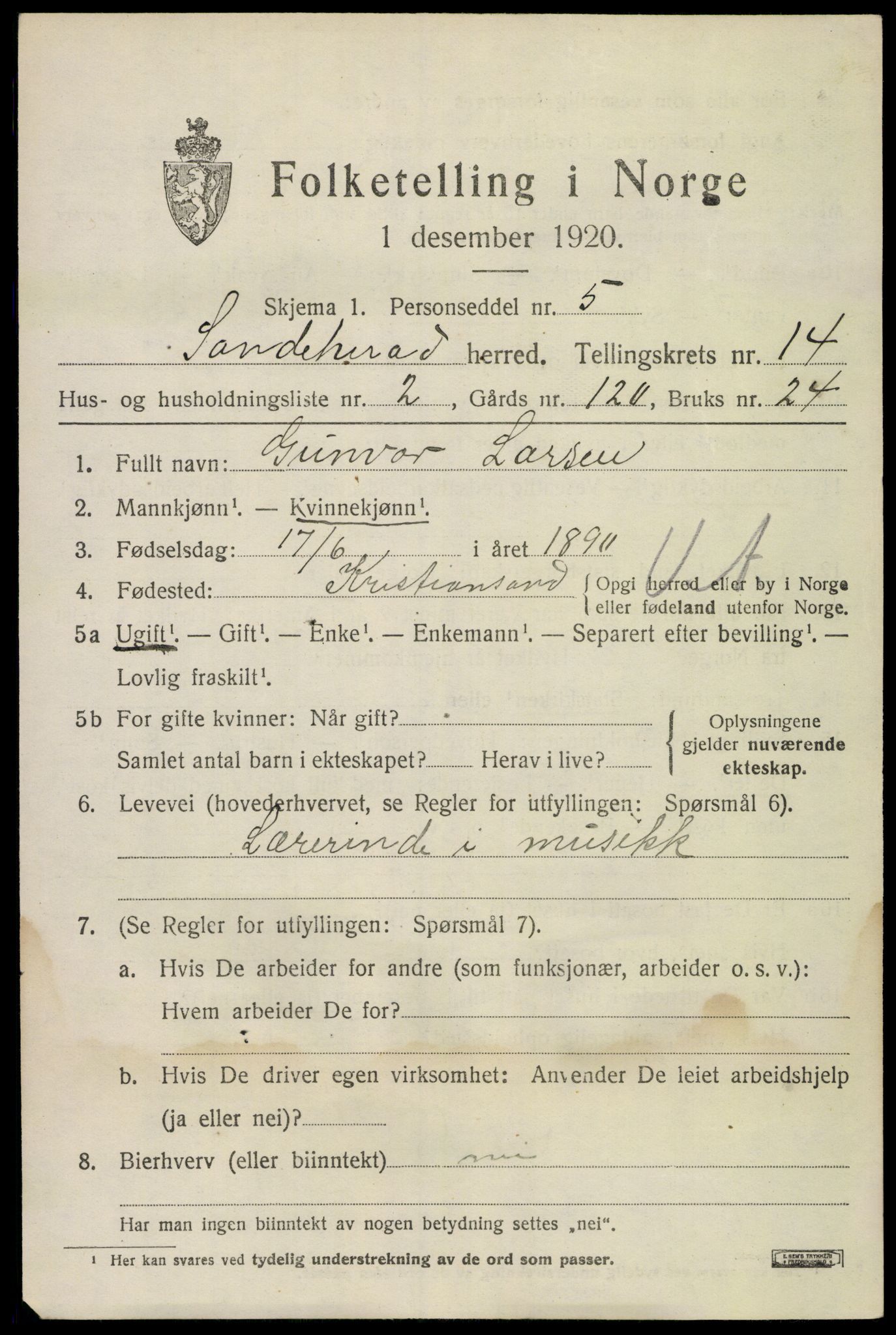 SAKO, 1920 census for Sandeherred, 1920, p. 20208