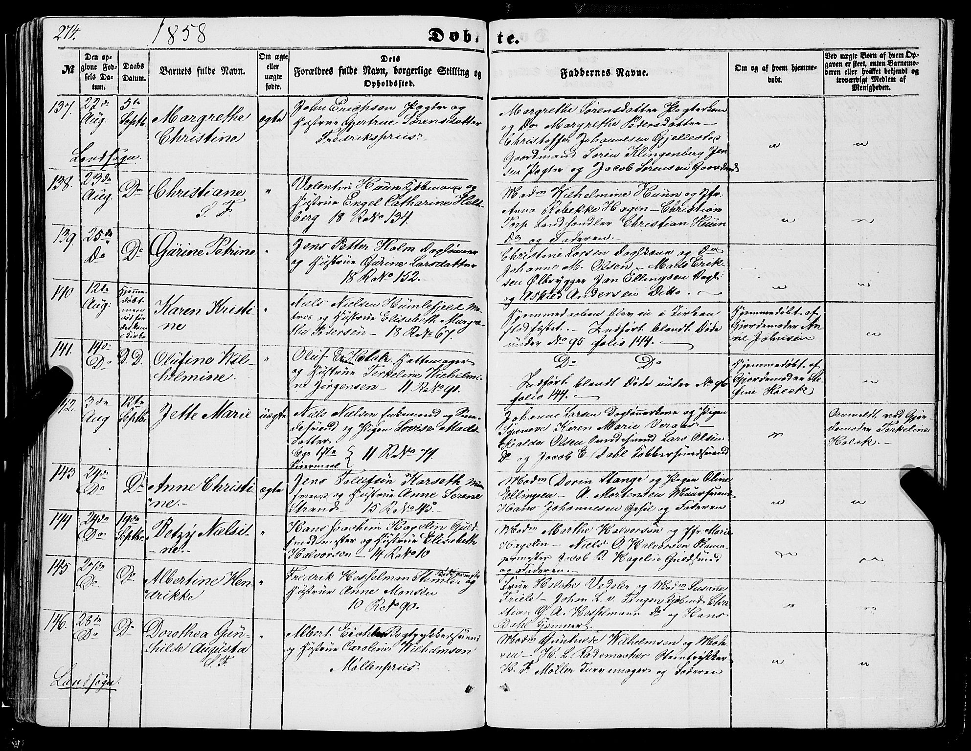 Domkirken sokneprestembete, SAB/A-74801/H/Haa/L0020: Parish register (official) no. B 3, 1851-1859, p. 274