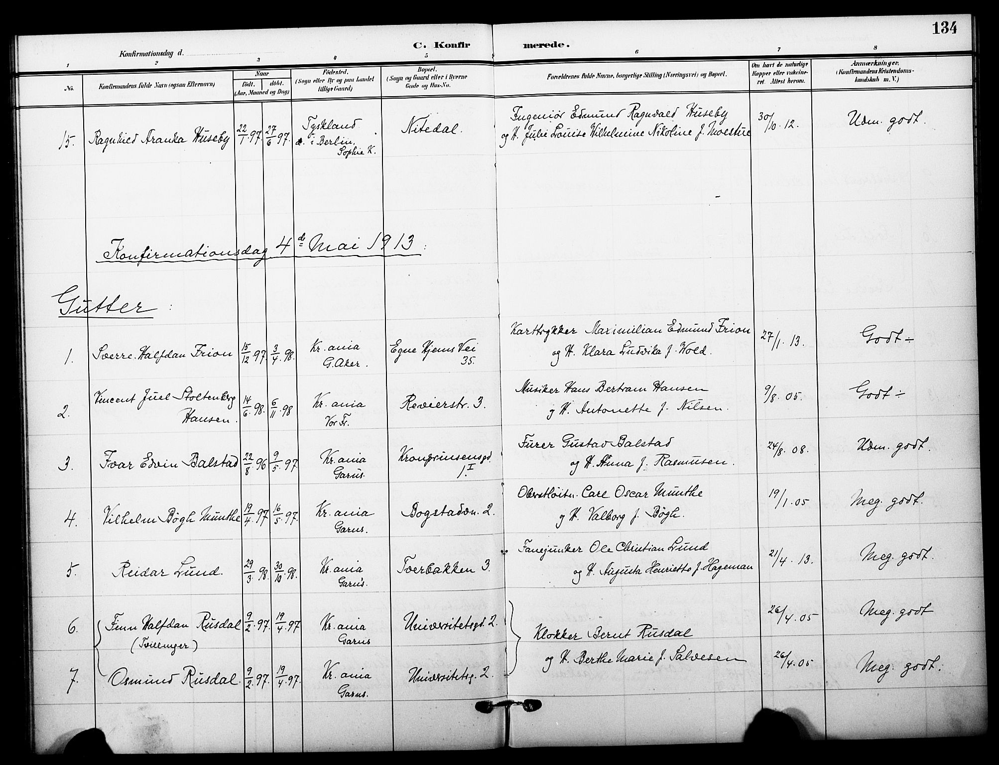 Garnisonsmenigheten Kirkebøker, SAO/A-10846/F/Fa/L0014: Parish register (official) no. 14, 1905-1914, p. 134