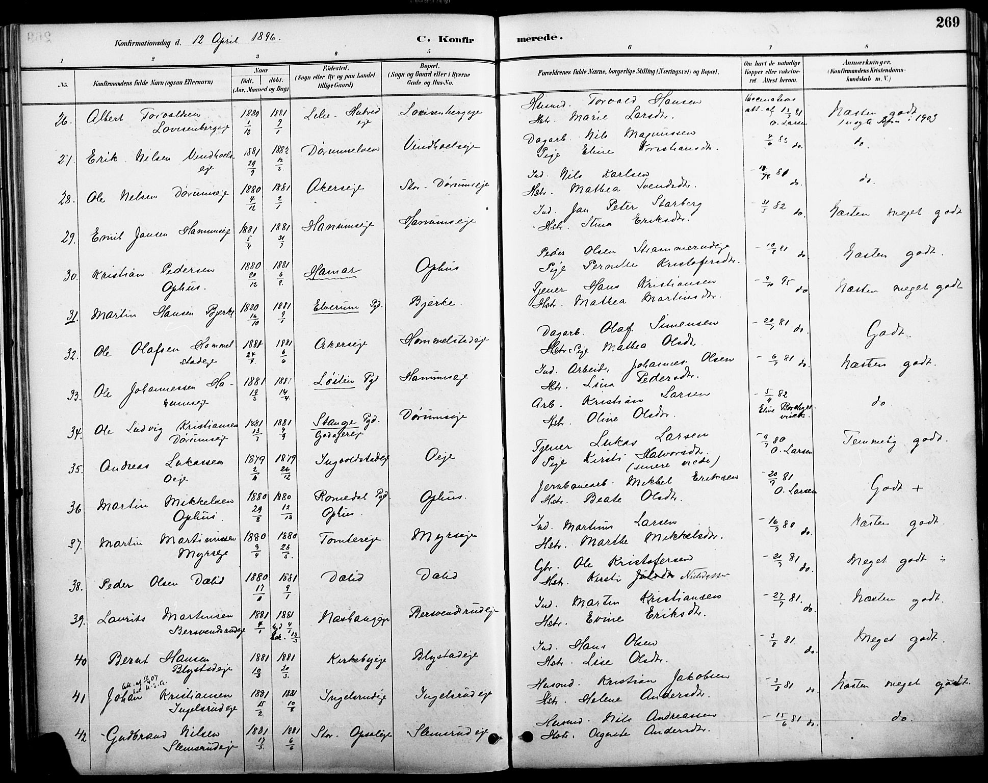 Vang prestekontor, Hedmark, AV/SAH-PREST-008/H/Ha/Haa/L0019A: Parish register (official) no. 19, 1886-1900, p. 269