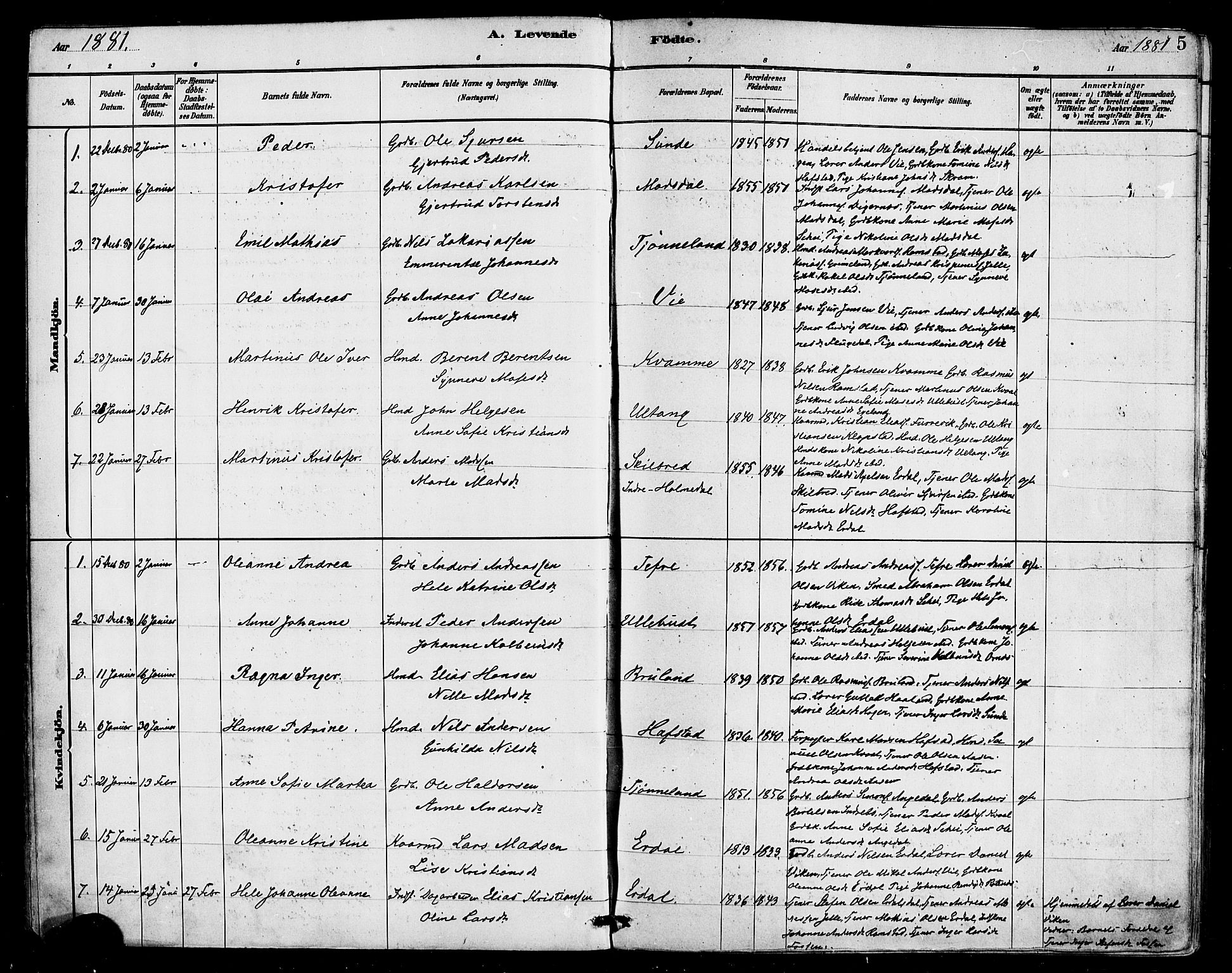 Førde sokneprestembete, SAB/A-79901/H/Haa/Haab/L0001: Parish register (official) no. B 1, 1880-1898, p. 5