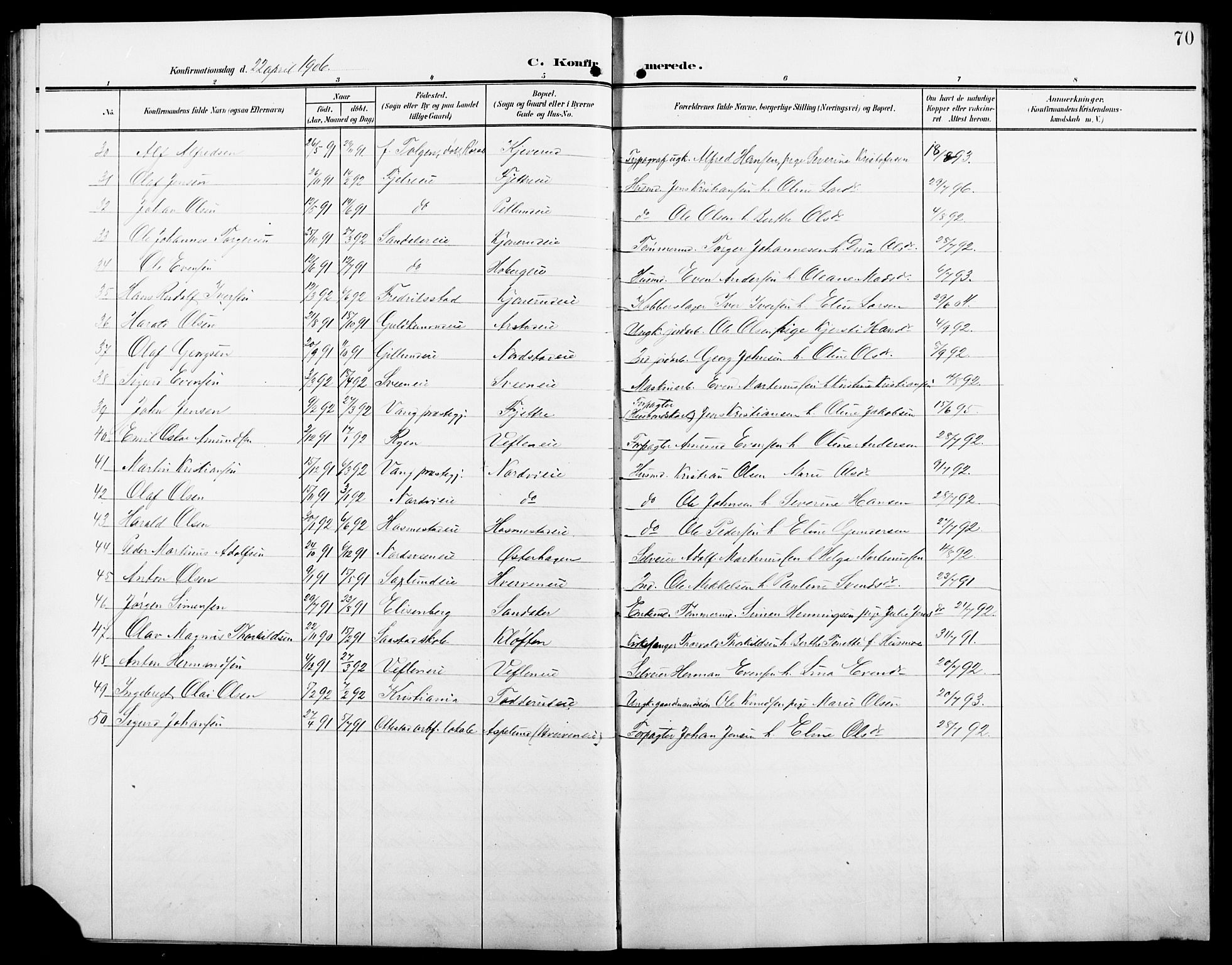 Stange prestekontor, AV/SAH-PREST-002/L/L0013: Parish register (copy) no. 13, 1906-1915, p. 70