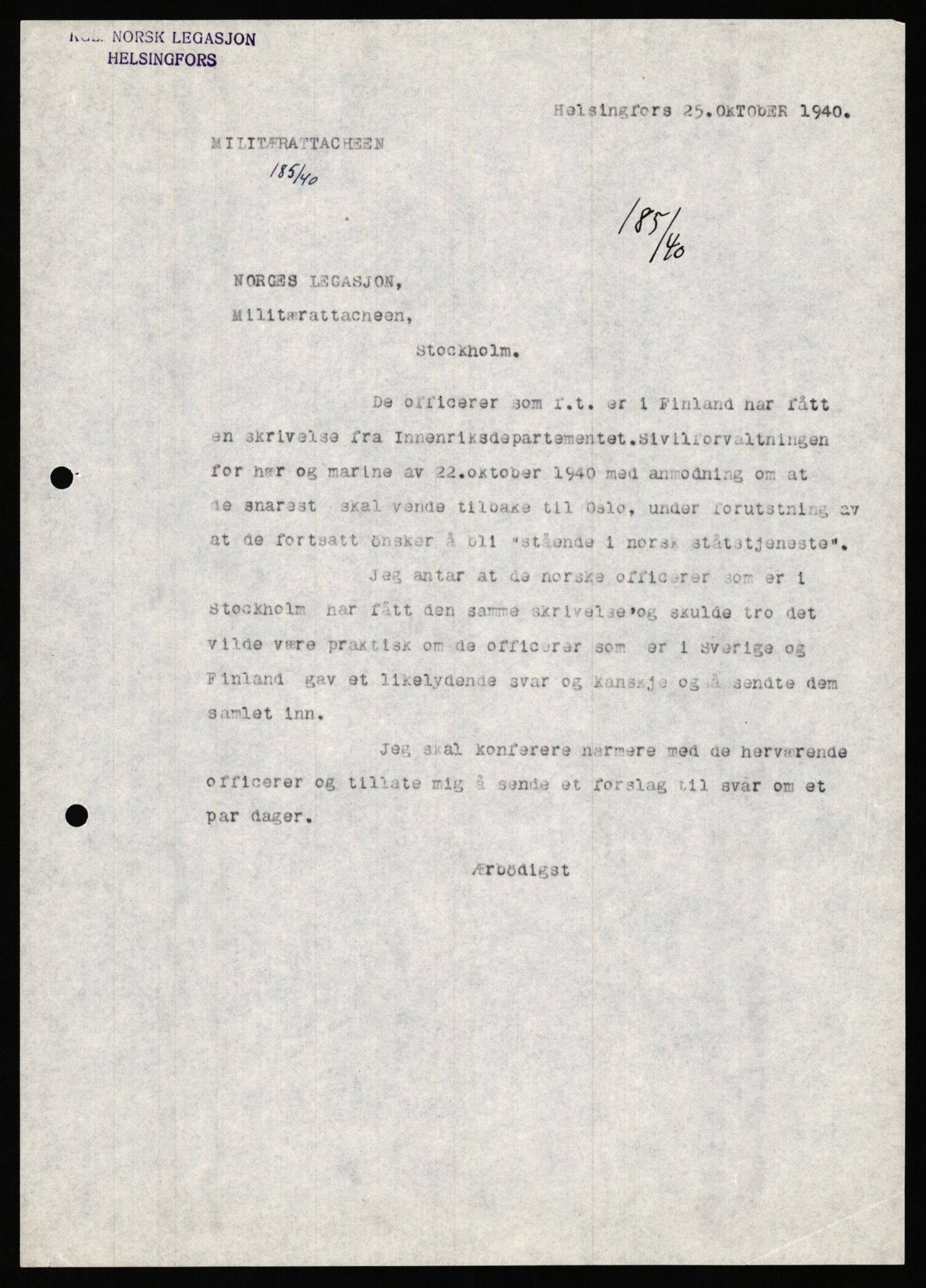 Forsvaret, Forsvarets krigshistoriske avdeling, AV/RA-RAFA-2017/Y/Ya/L0006: II-C-11-11,2 - Utenriksdepartementet.  Legasjonen i Helsingfors., 1940-1946, p. 15