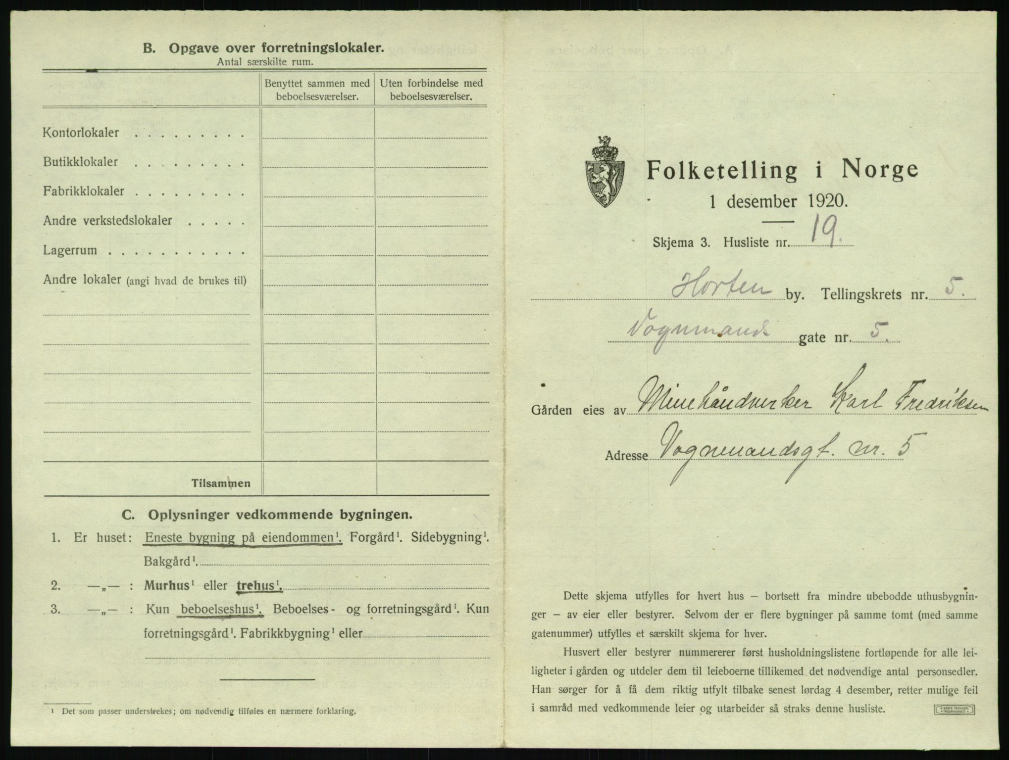 SAKO, 1920 census for Horten, 1920, p. 1575