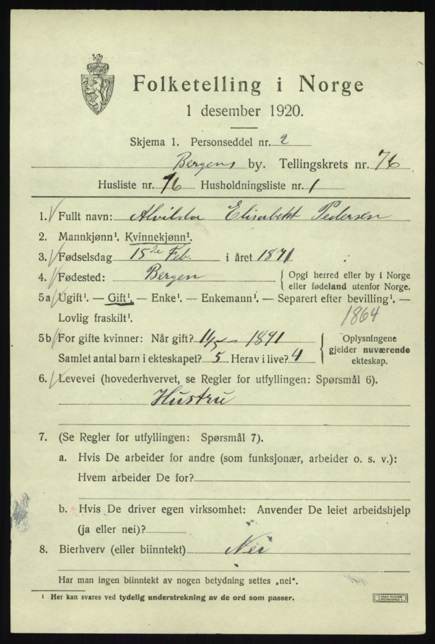 SAB, 1920 census for Bergen, 1920, p. 146414