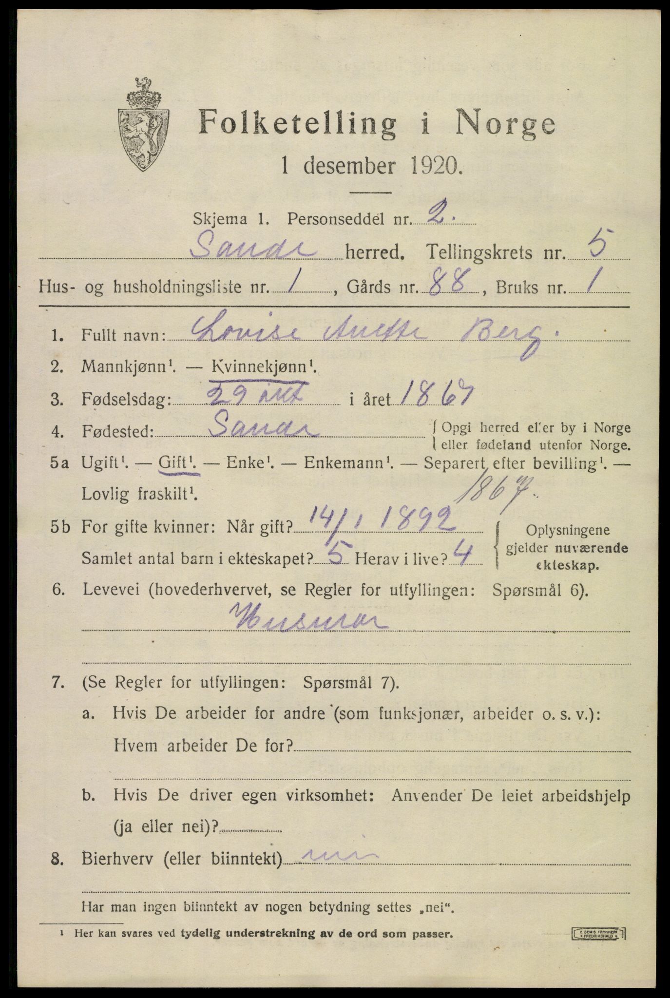 SAKO, 1920 census for Sande, 1920, p. 6136