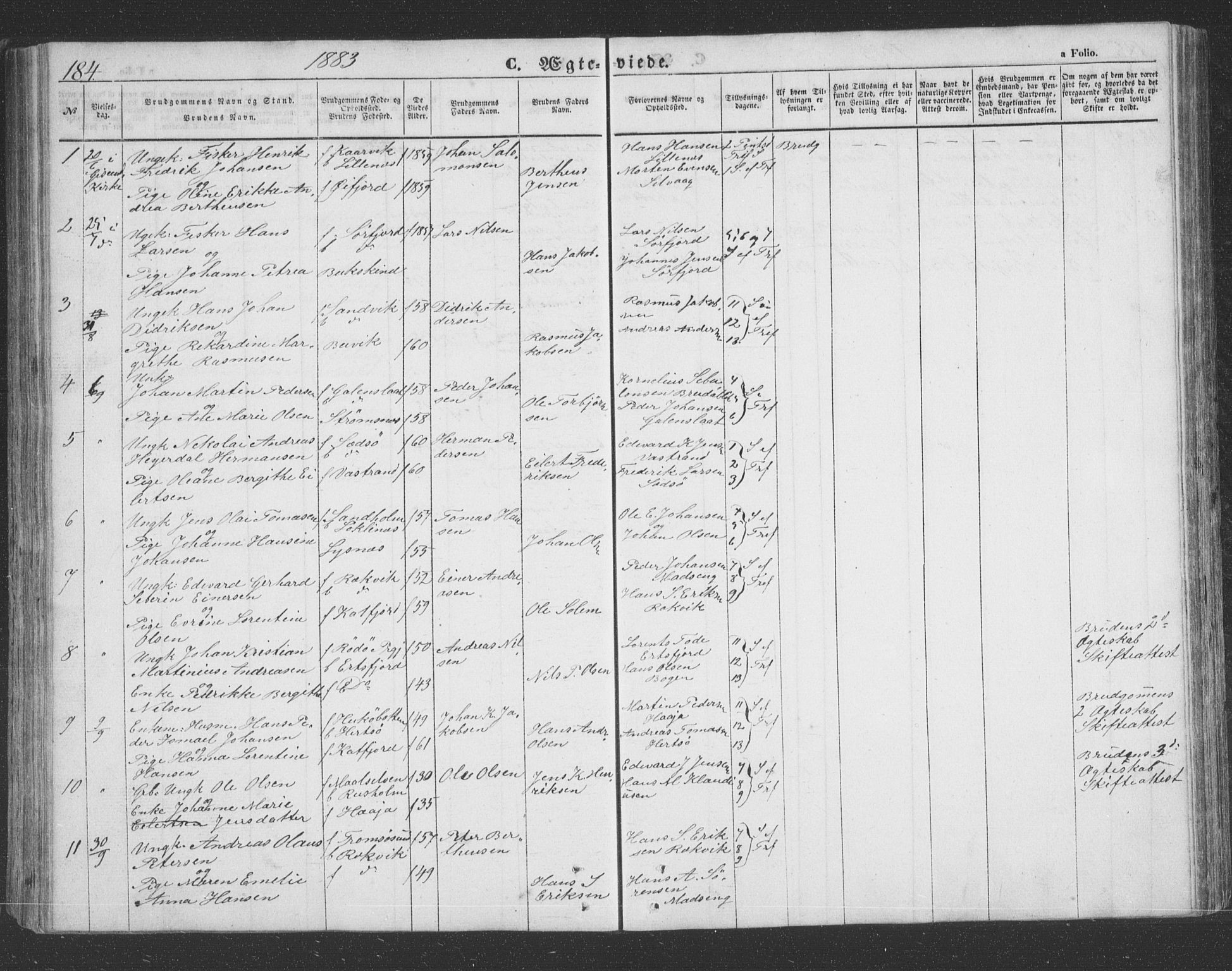Lenvik sokneprestembete, SATØ/S-1310/H/Ha/Hab/L0020klokker: Parish register (copy) no. 20, 1855-1883, p. 184