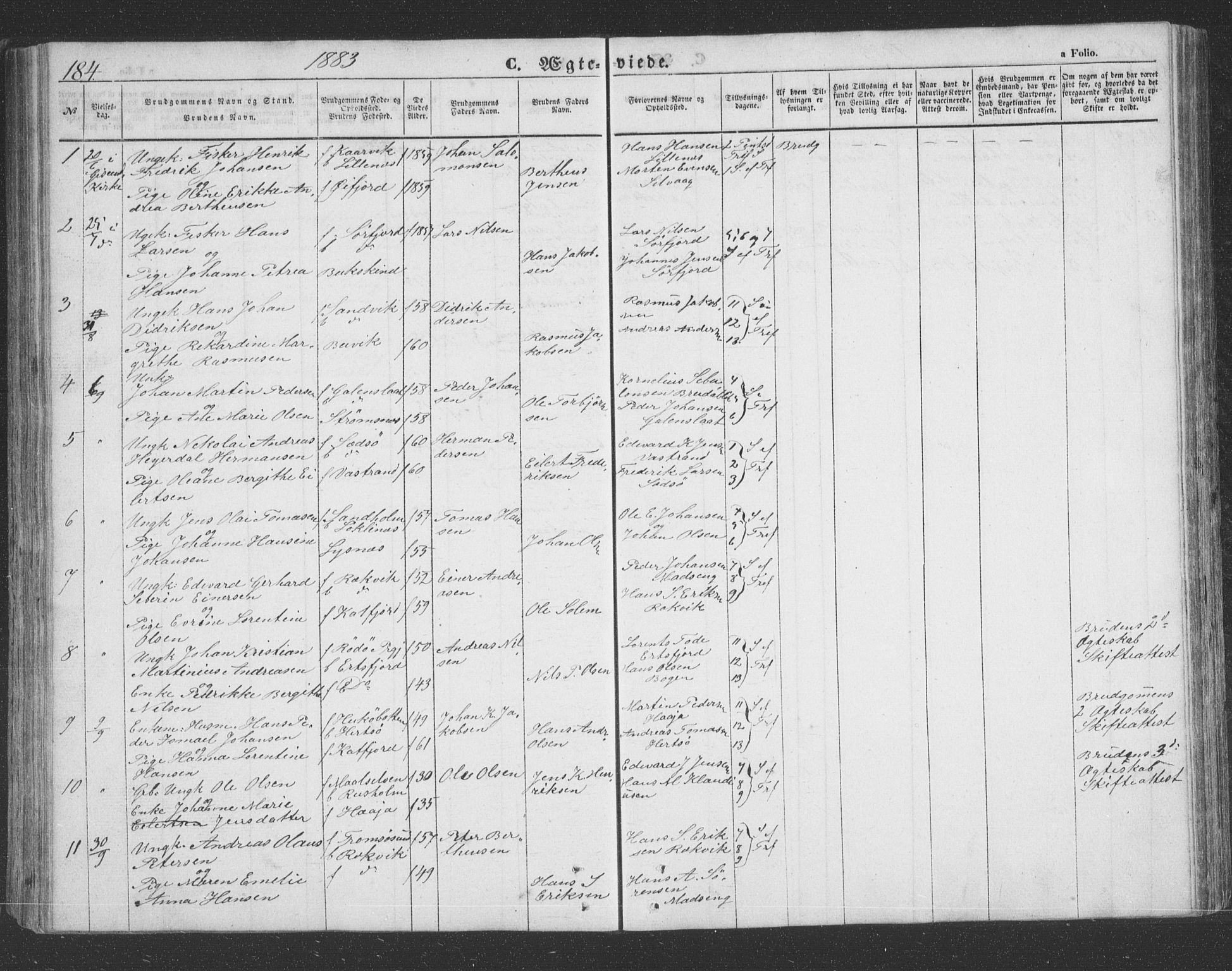 Lenvik sokneprestembete, AV/SATØ-S-1310/H/Ha/Hab/L0020klokker: Parish register (copy) no. 20, 1855-1883, p. 184