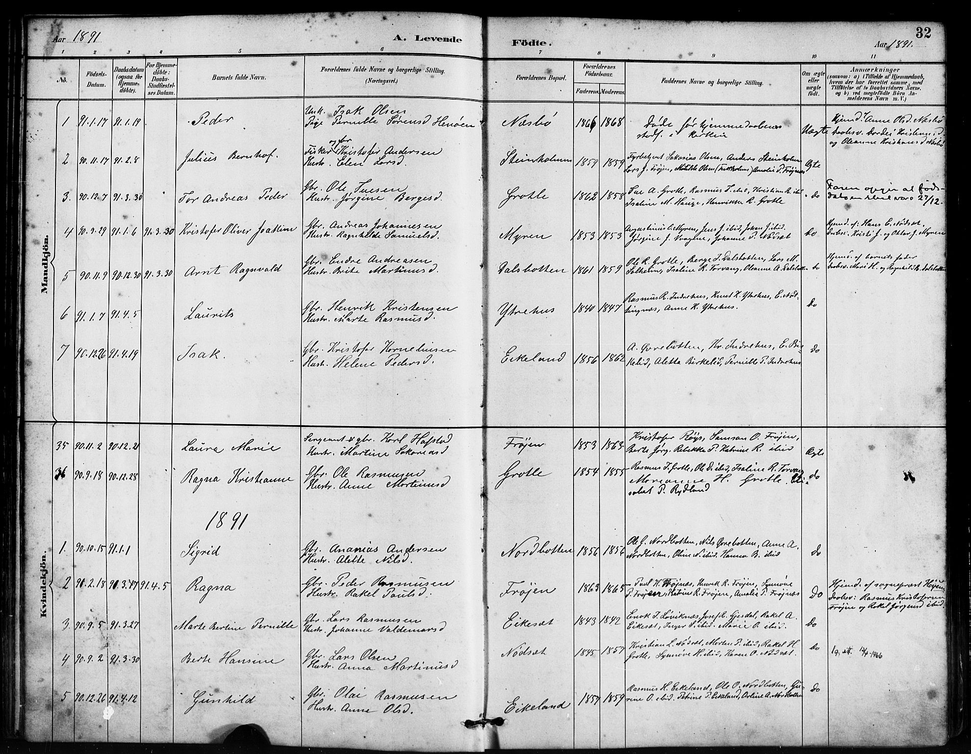 Bremanger sokneprestembete, SAB/A-82201/H/Haa/Haab/L0001: Parish register (official) no. B 1, 1884-1895, p. 32