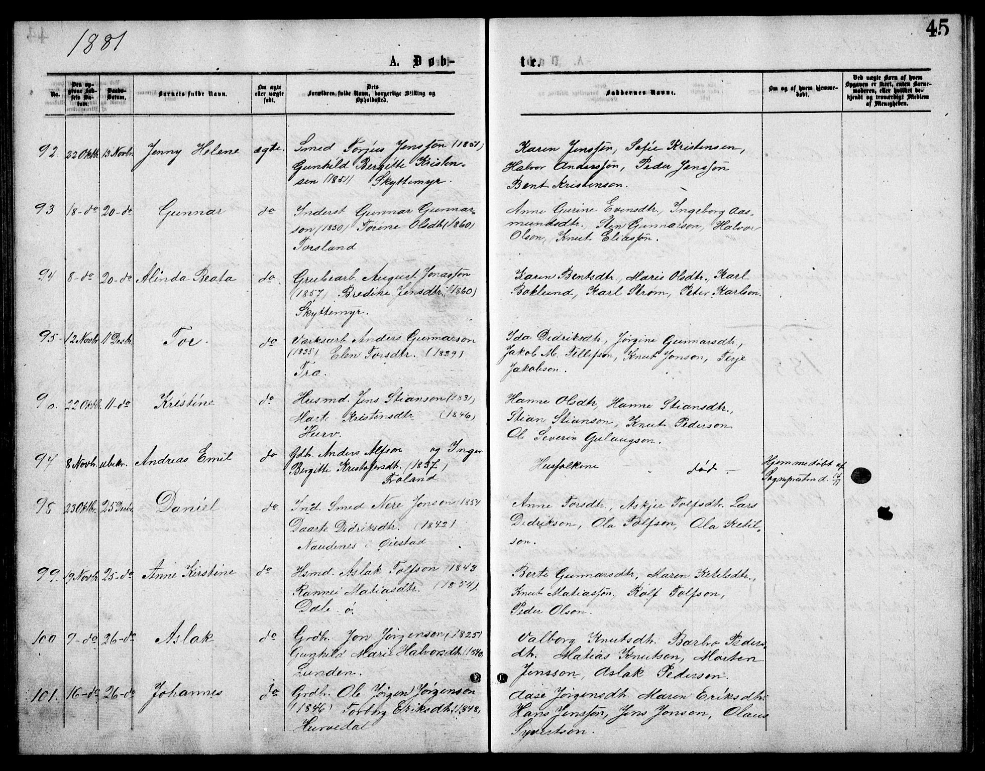 Froland sokneprestkontor, AV/SAK-1111-0013/F/Fb/L0009: Parish register (copy) no. B 9, 1875-1893, p. 45