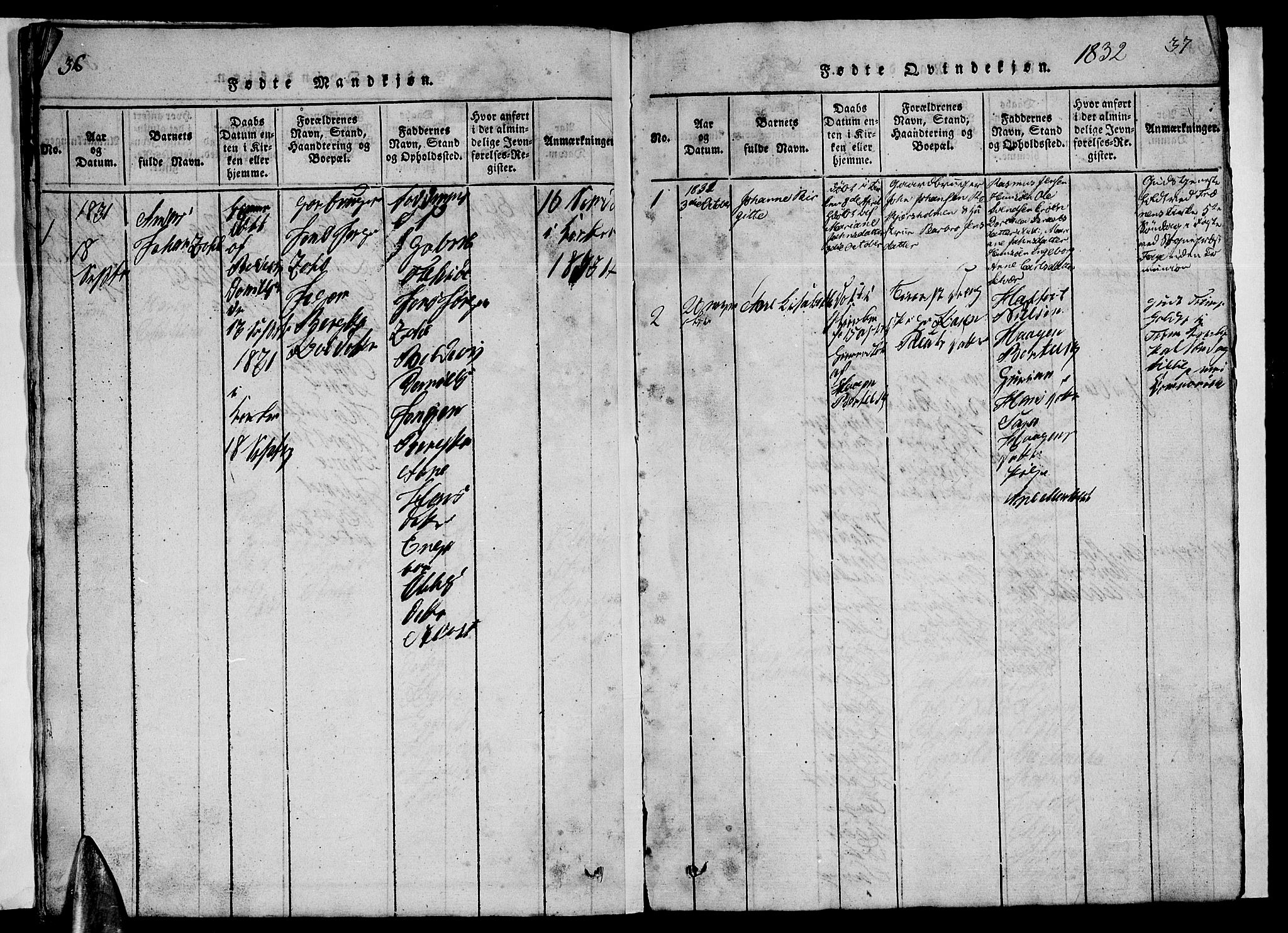 Ministerialprotokoller, klokkerbøker og fødselsregistre - Nordland, SAT/A-1459/840/L0581: Parish register (copy) no. 840C01, 1820-1873, p. 36-37