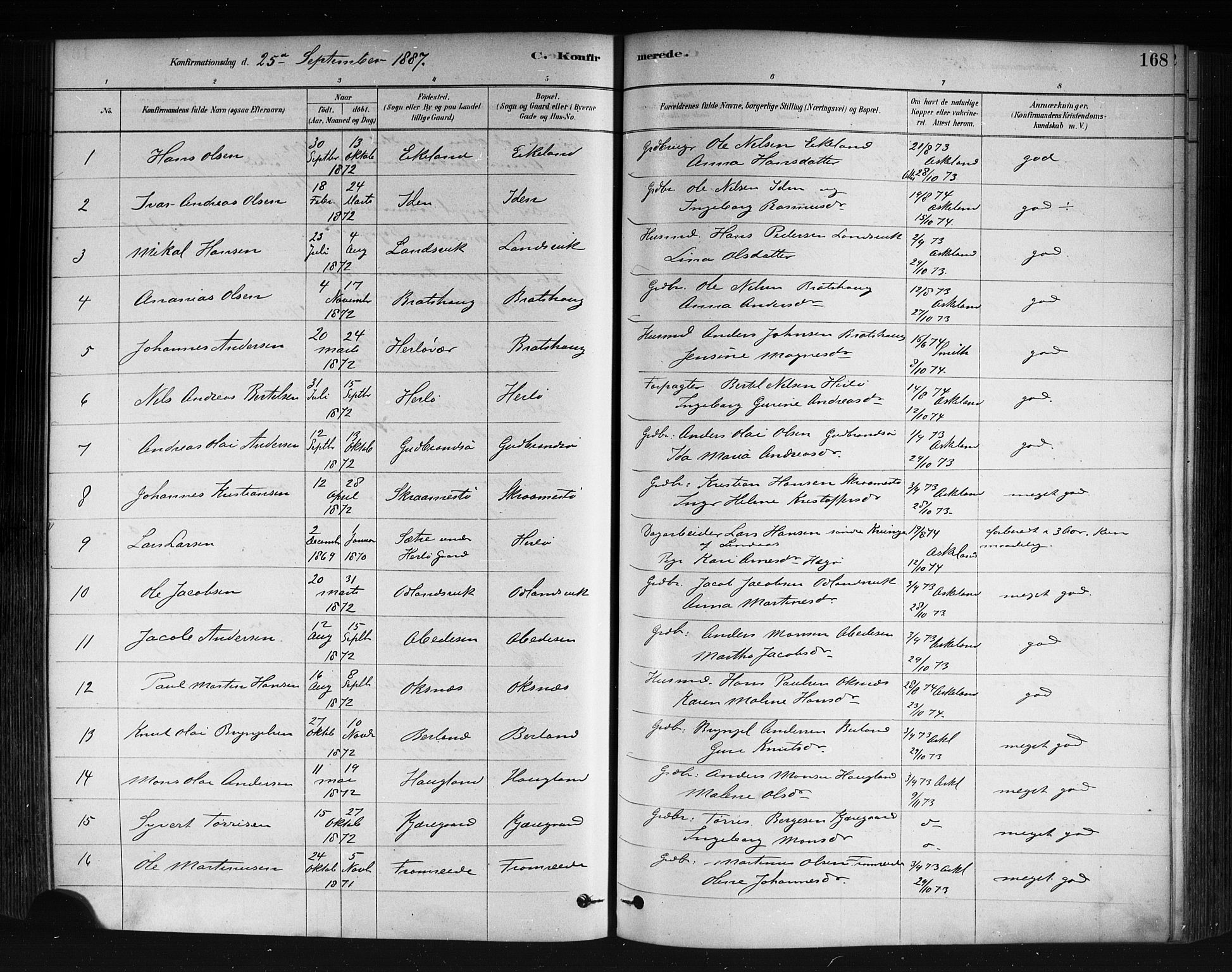 Herdla Sokneprestembete, AV/SAB-A-75701/H/Haa: Parish register (official) no. A 3, 1878-1890, p. 168