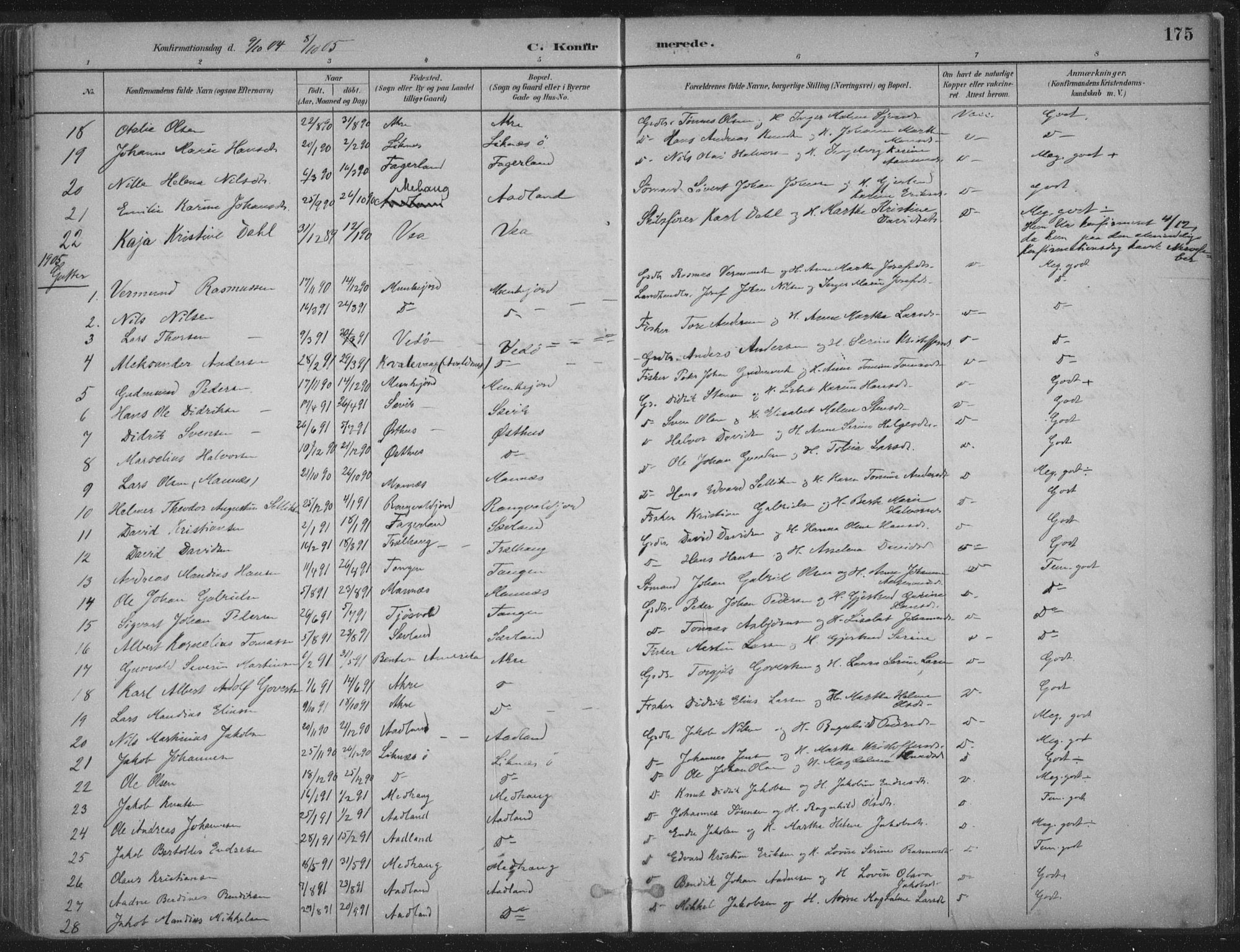 Kopervik sokneprestkontor, AV/SAST-A-101850/H/Ha/Haa/L0004: Parish register (official) no. A 4, 1882-1905, p. 175