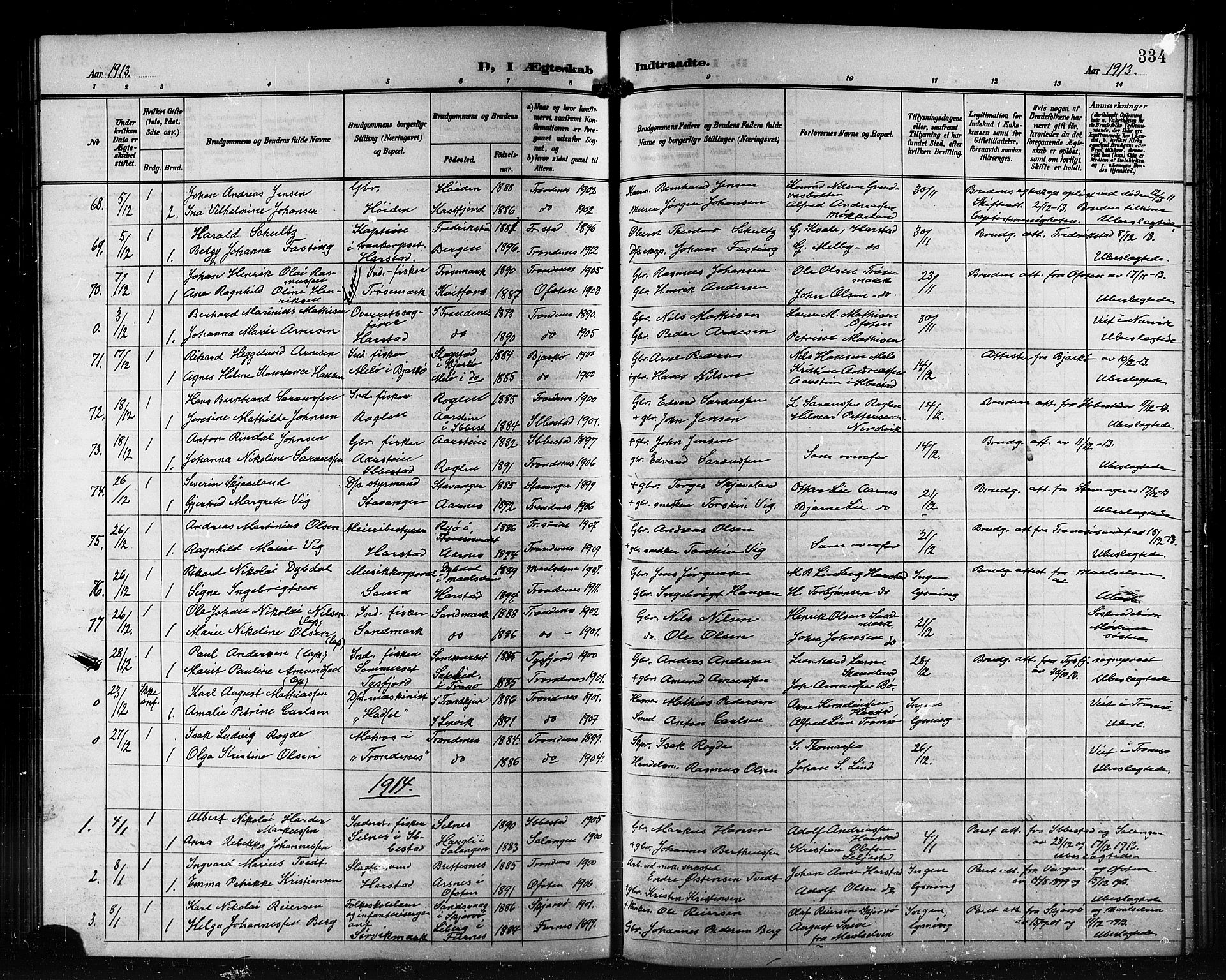 Trondenes sokneprestkontor, AV/SATØ-S-1319/H/Hb/L0012klokker: Parish register (copy) no. 12, 1907-1916, p. 334