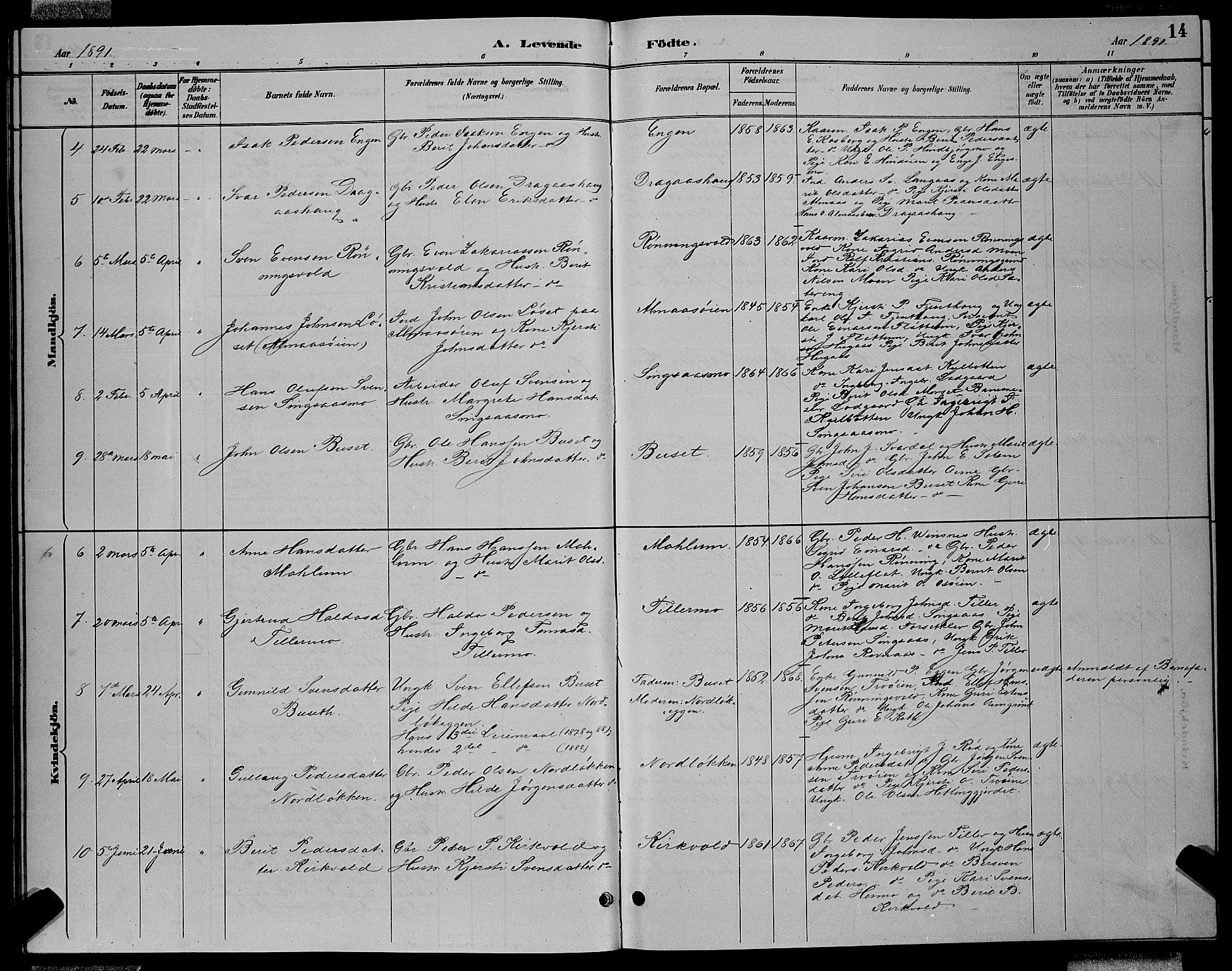 Ministerialprotokoller, klokkerbøker og fødselsregistre - Sør-Trøndelag, SAT/A-1456/688/L1028: Parish register (copy) no. 688C03, 1889-1899, p. 14