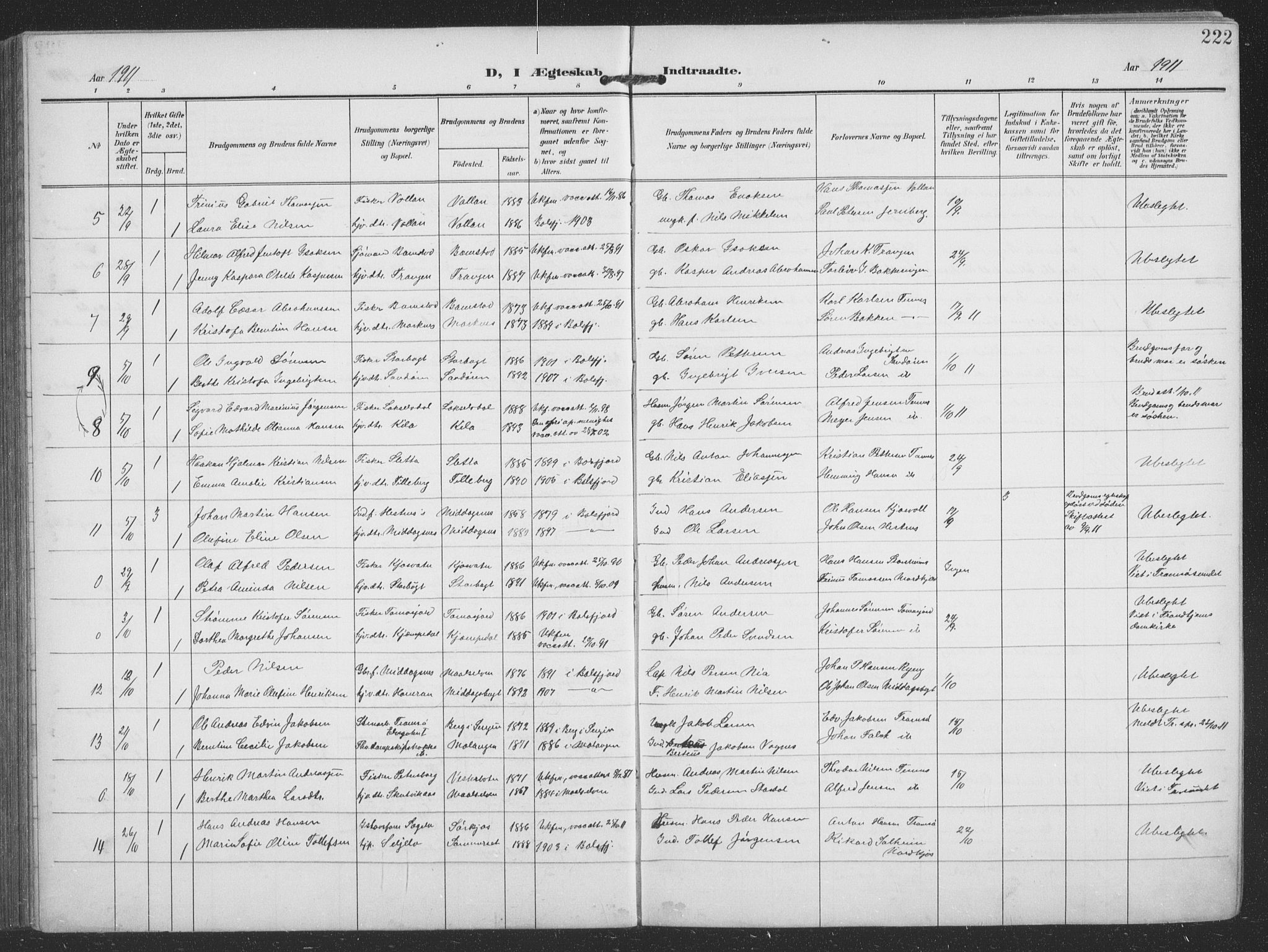 Balsfjord sokneprestembete, AV/SATØ-S-1303/G/Ga/L0009klokker: Parish register (copy) no. 9, 1906-1920, p. 222