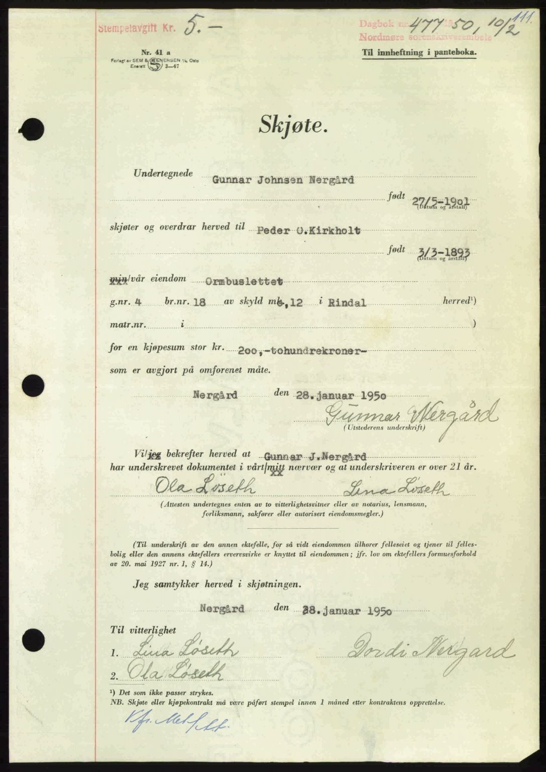 Nordmøre sorenskriveri, AV/SAT-A-4132/1/2/2Ca: Mortgage book no. A114, 1950-1950, Diary no: : 477/1950