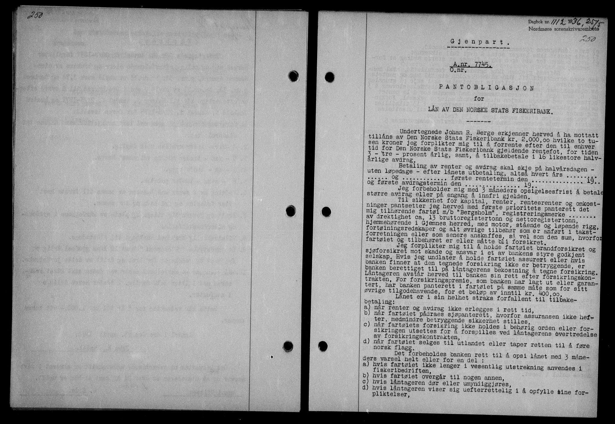 Nordmøre sorenskriveri, AV/SAT-A-4132/1/2/2Ca/L0088: Mortgage book no. 78, 1936-1936, Diary no: : 1112/1936